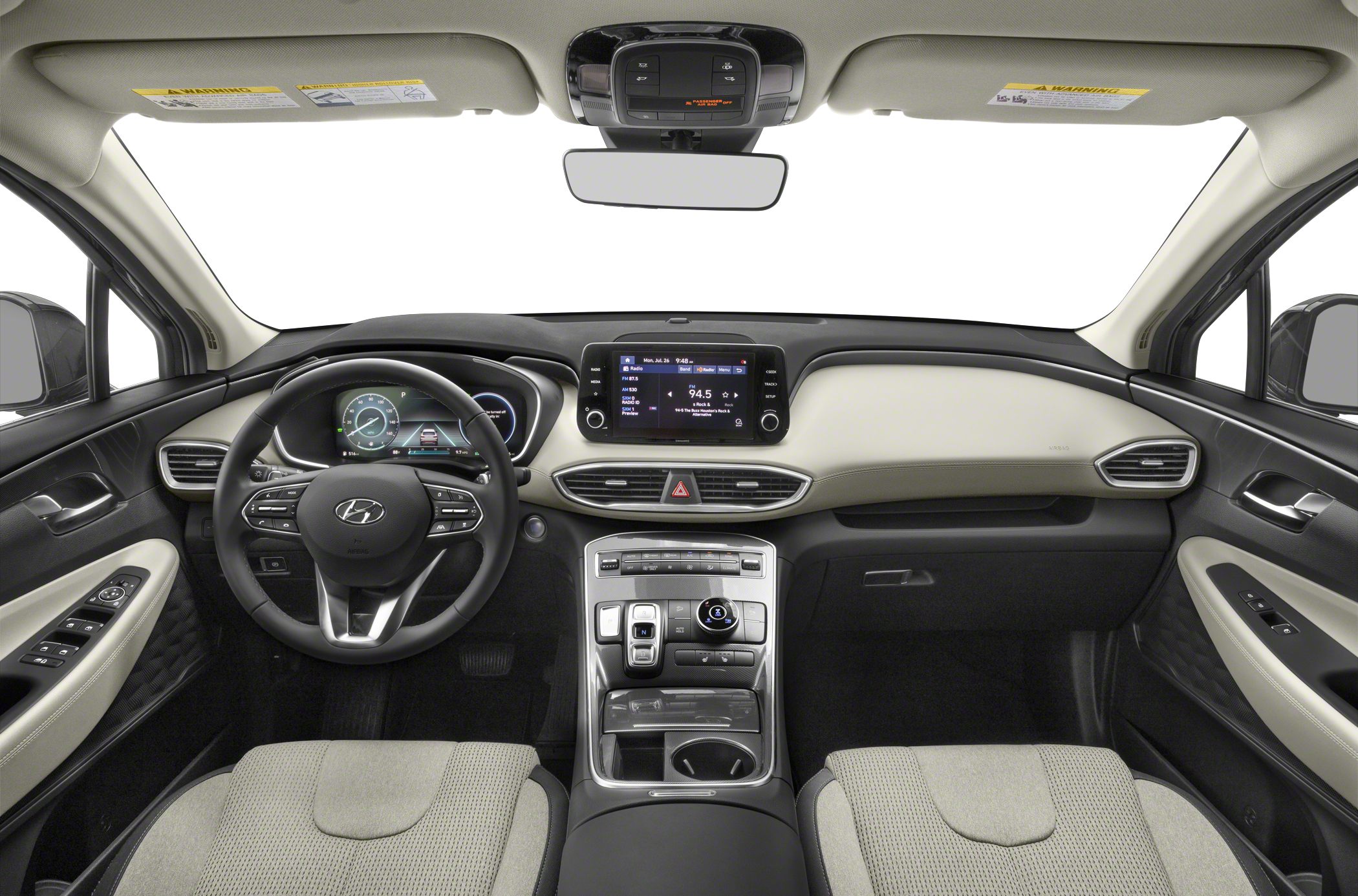 Digital instrument cluster and central infotainment screen in car interior