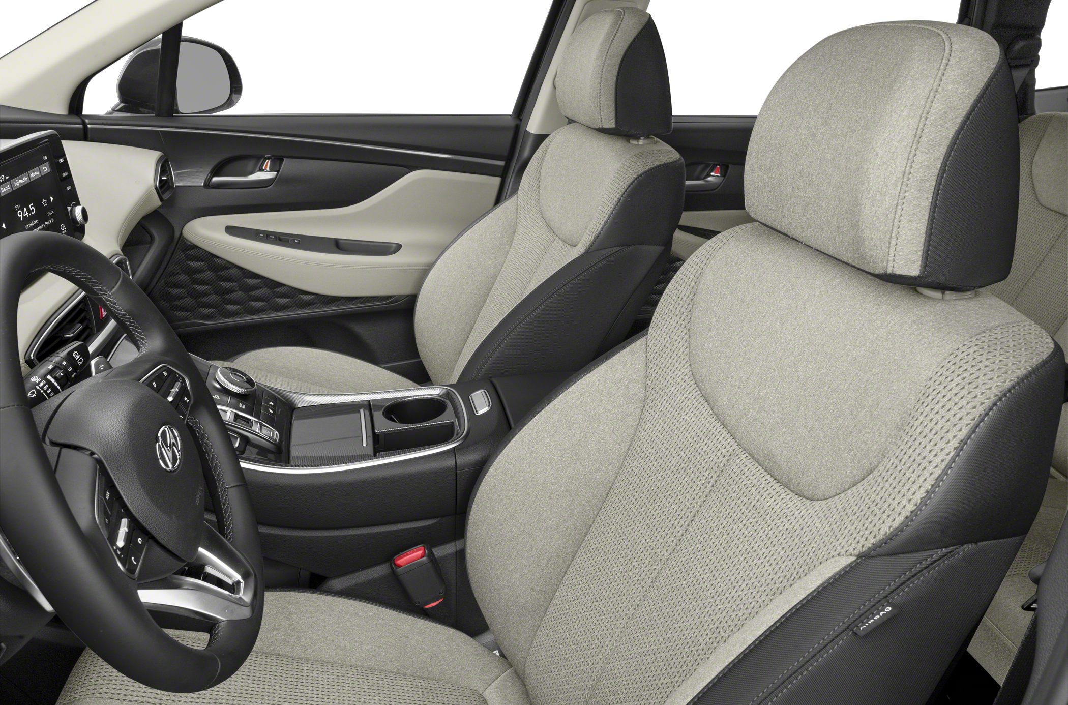 Modern front seats and center console with touchscreen and controls