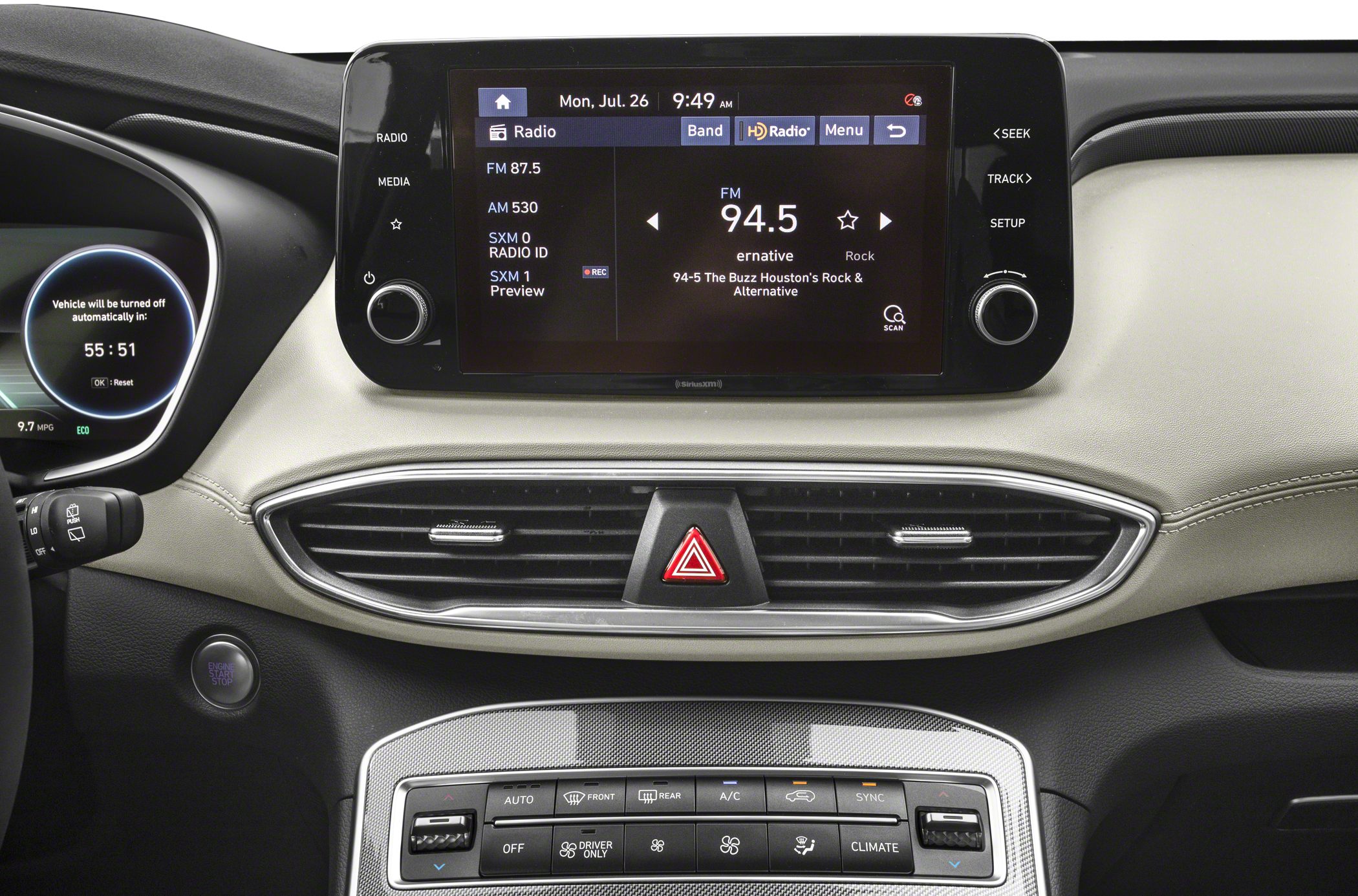 Center touchscreen display and climate control panel in car interior