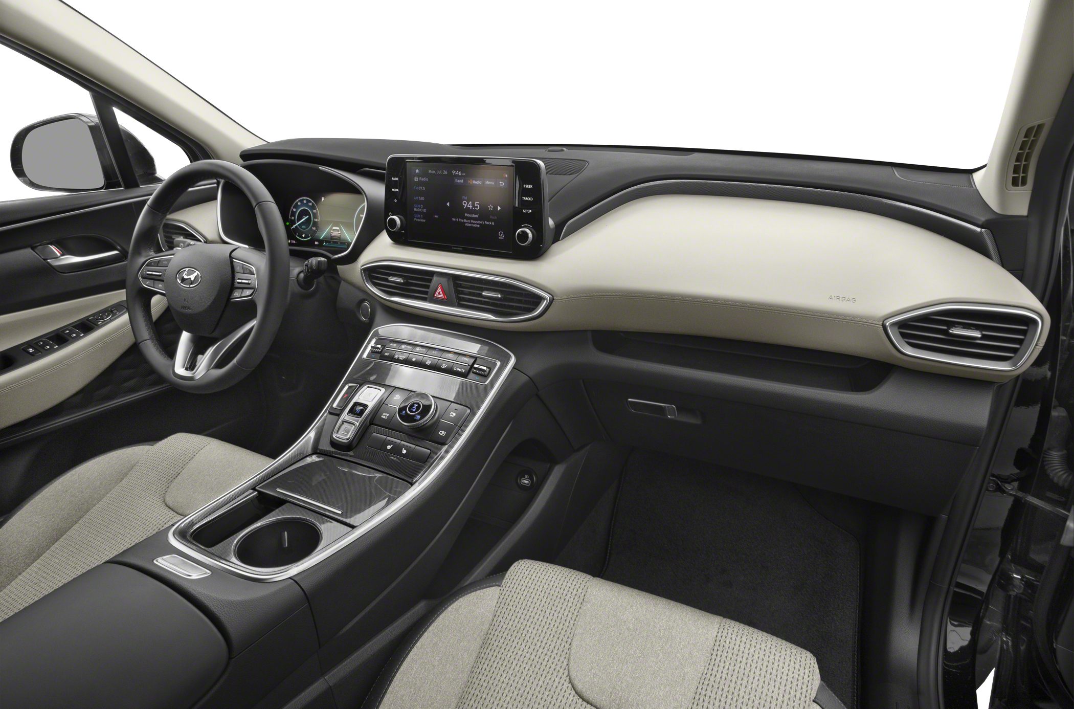 Modern car interior with digital dashboard and infotainment system