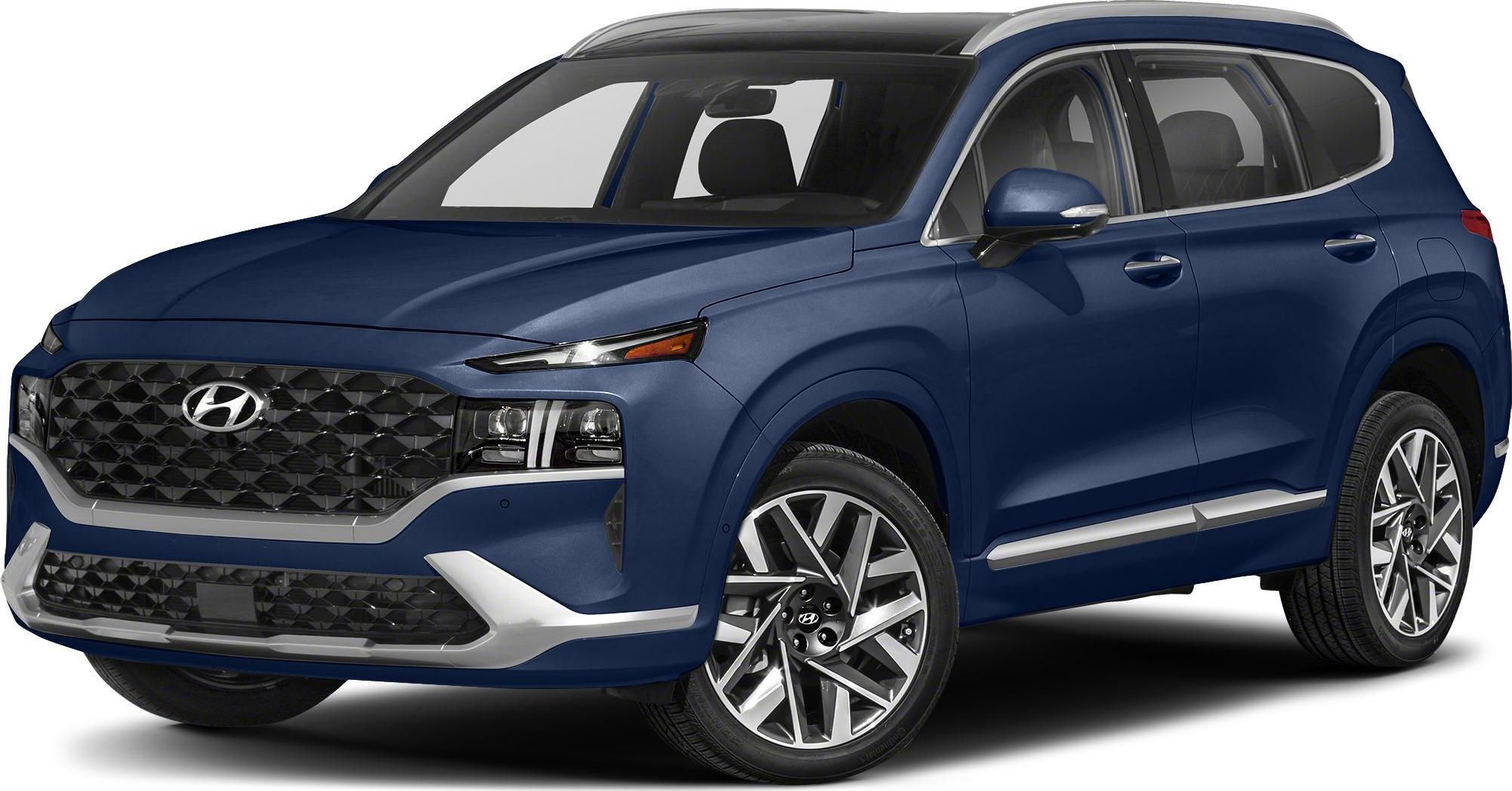 Front-side view of blue SUV with distinctive grille and alloy wheels