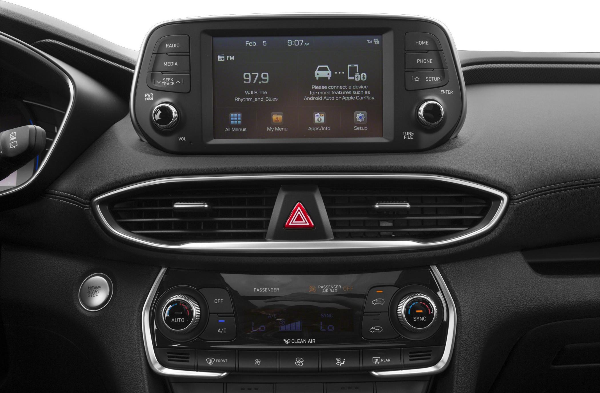 Touchscreen infotainment and dual-zone climate control panel with dashboard controls