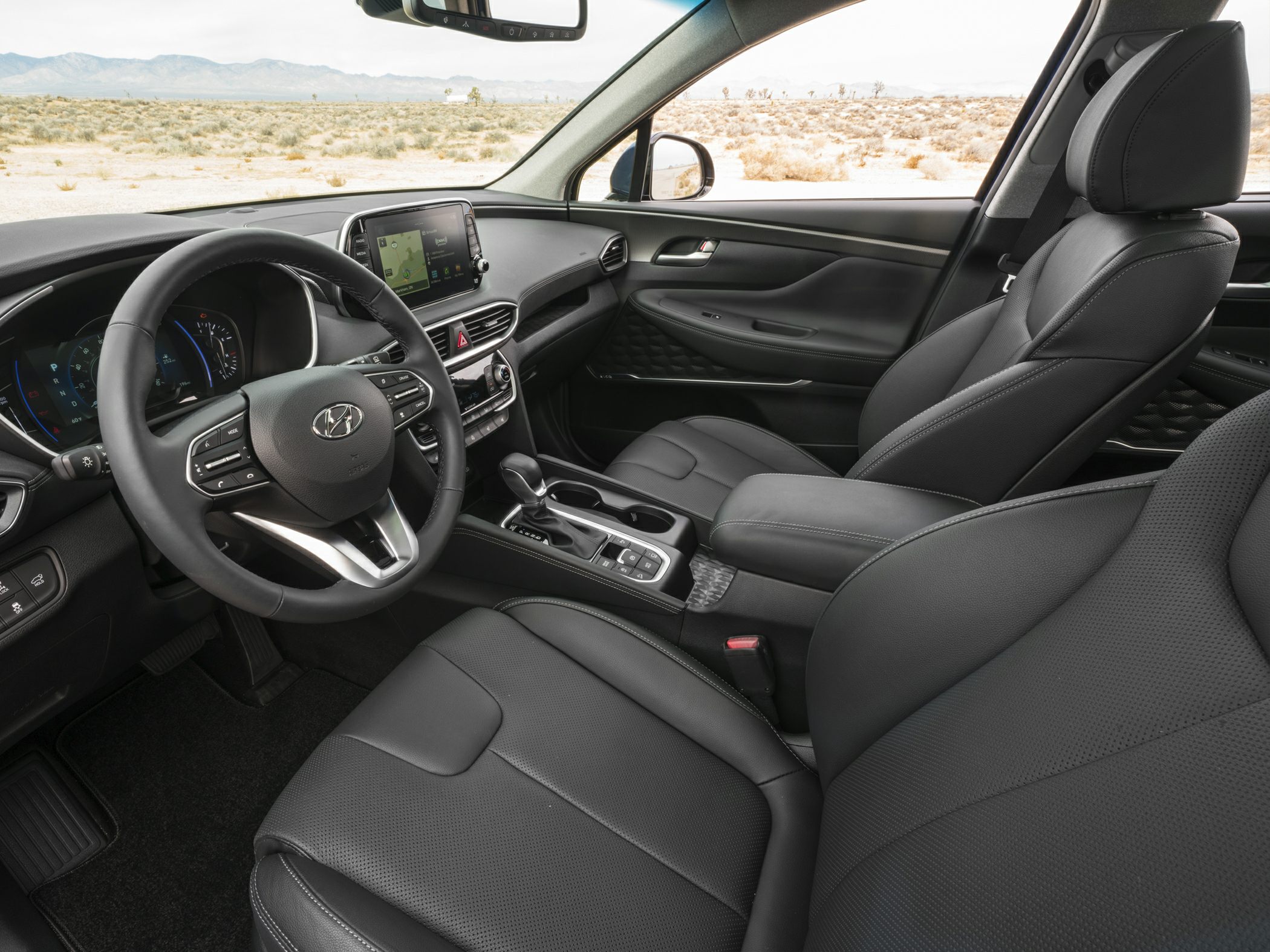 Leather seats and advanced touchscreen dashboard in vehicle interior