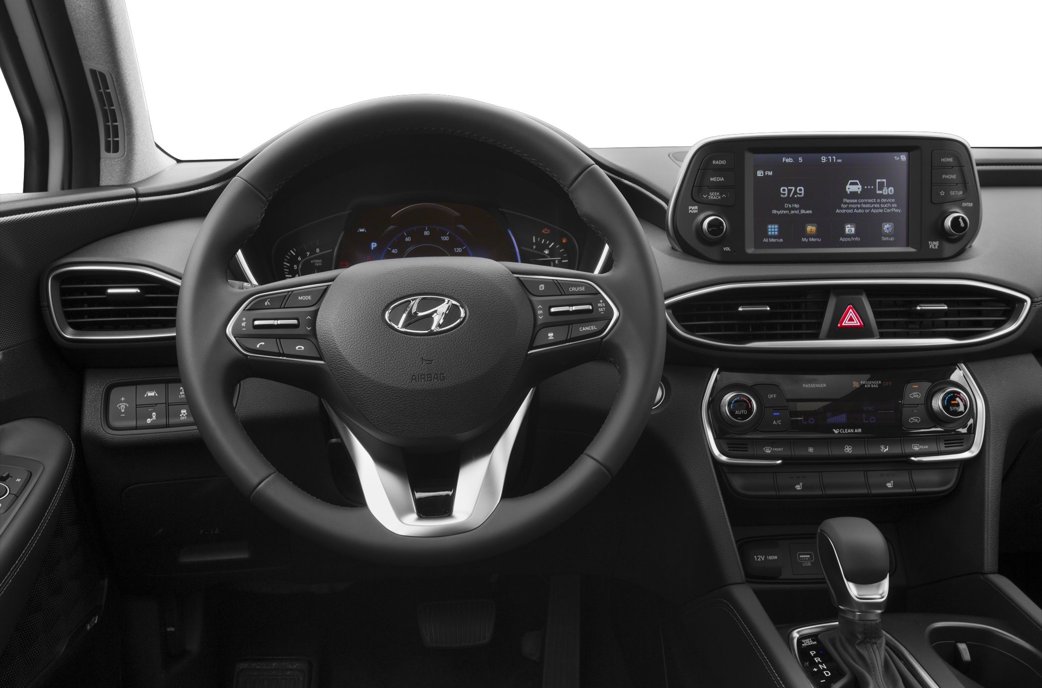 Steering wheel, digital instrument cluster, infotainment screen