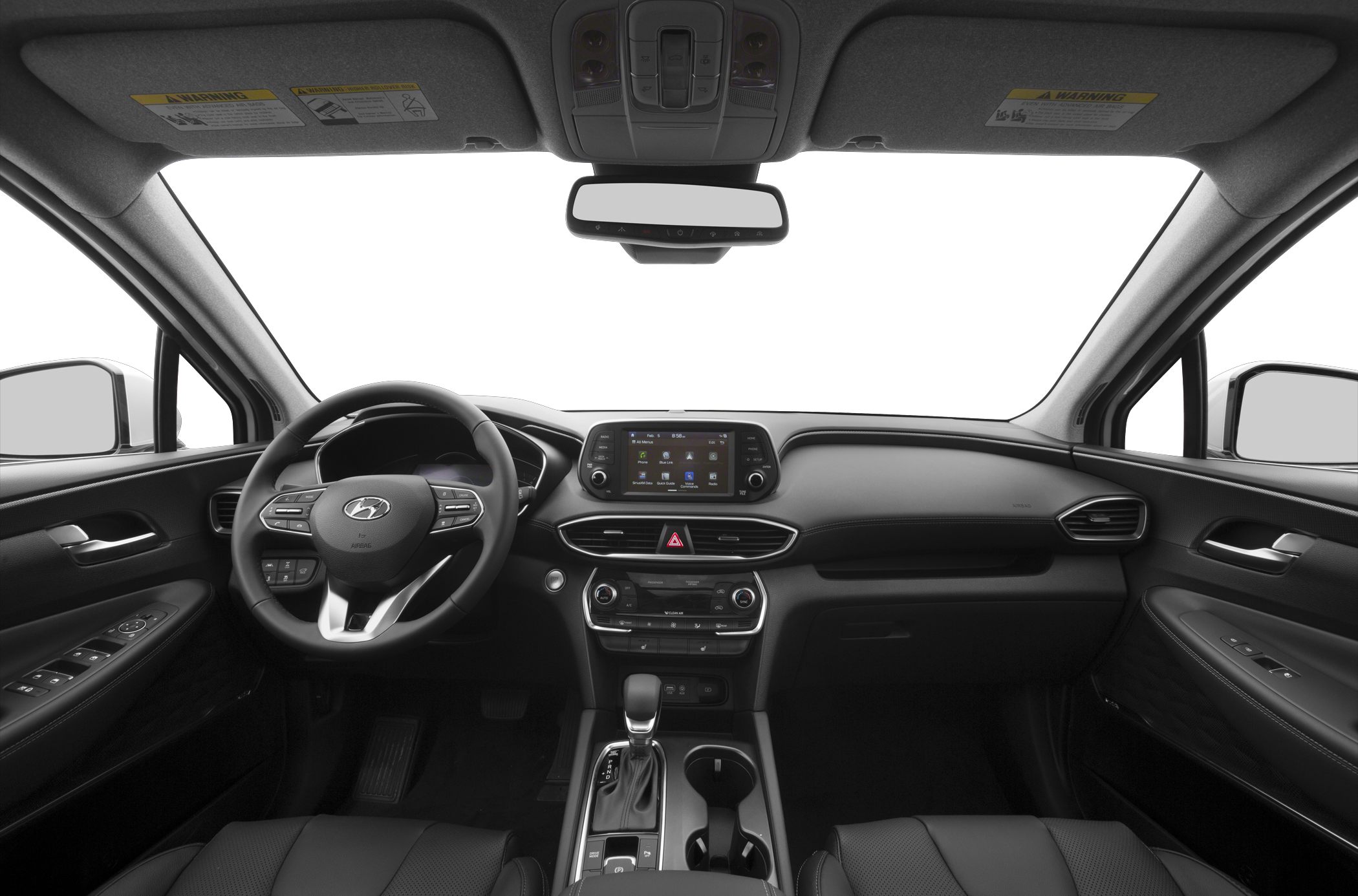 Modern car interior with dashboard, steering wheel, and center console.