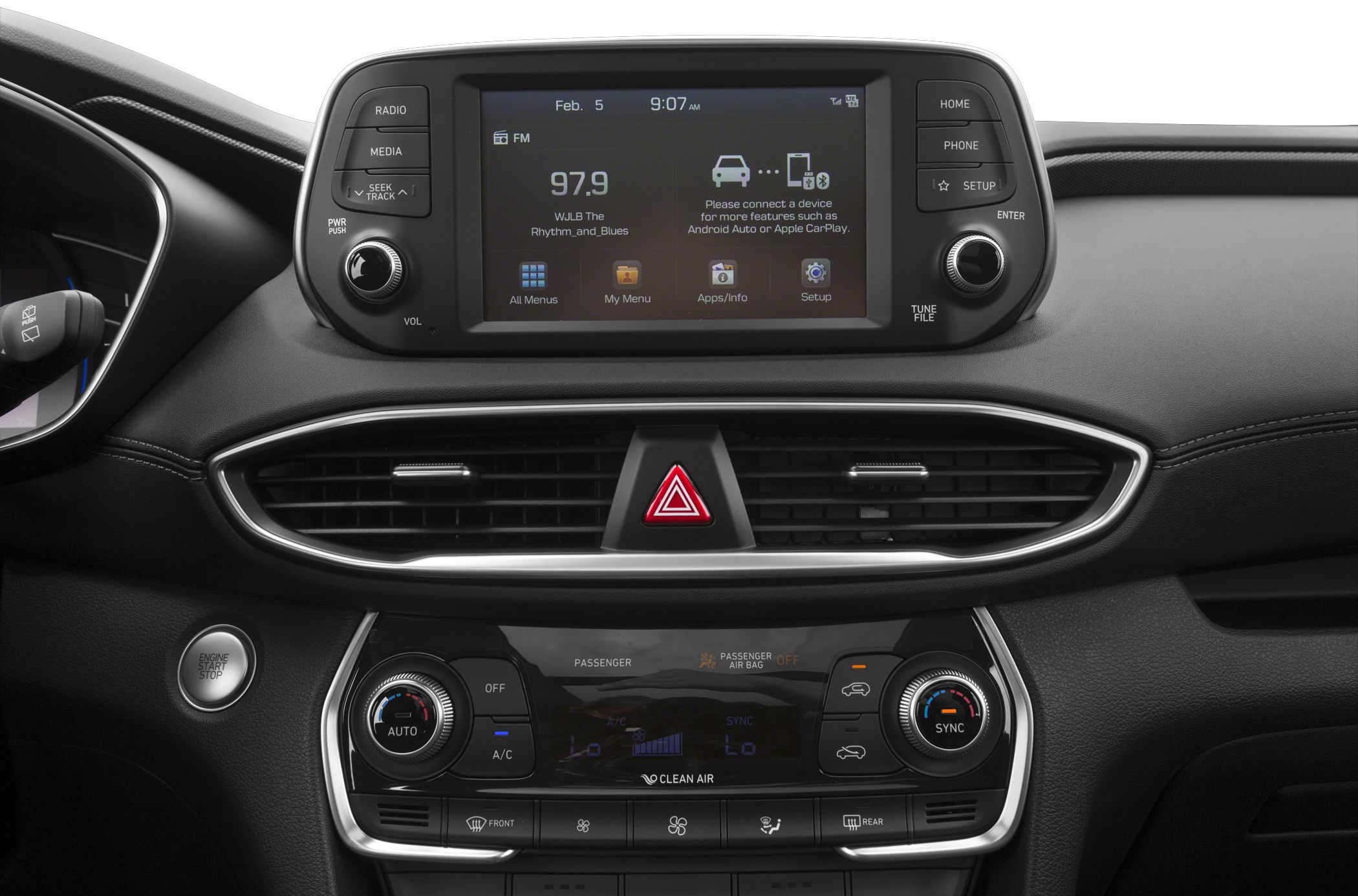 Touchscreen infotainment system and dual-zone climate control with physical buttons and knobs.
