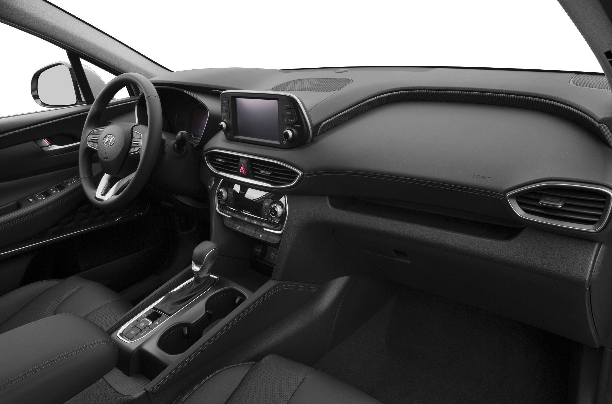 Modern vehicle interior dashboard, touchscreen, steering wheel, and gear shift console