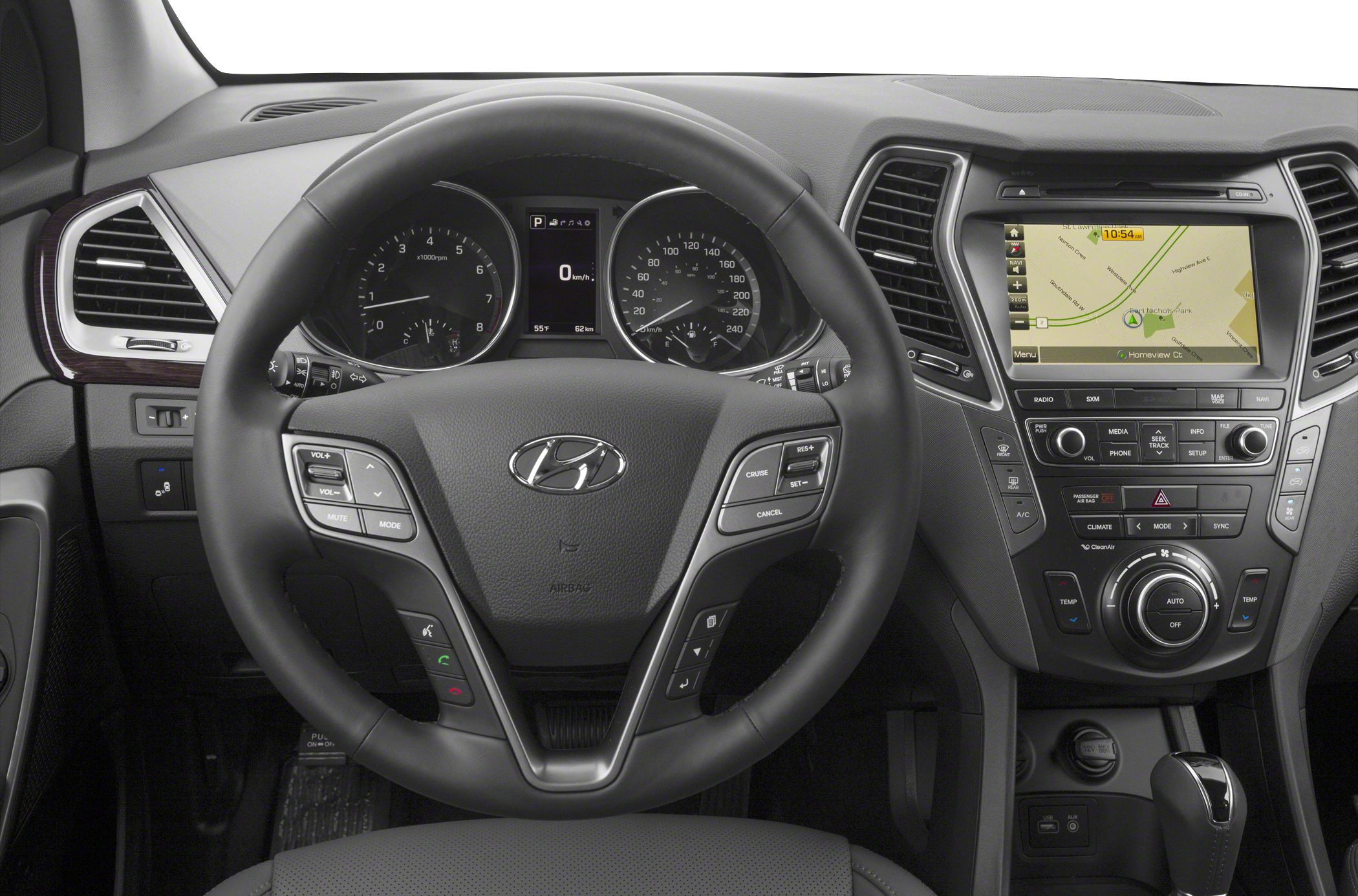Multifunction steering wheel and central navigation display in car interior