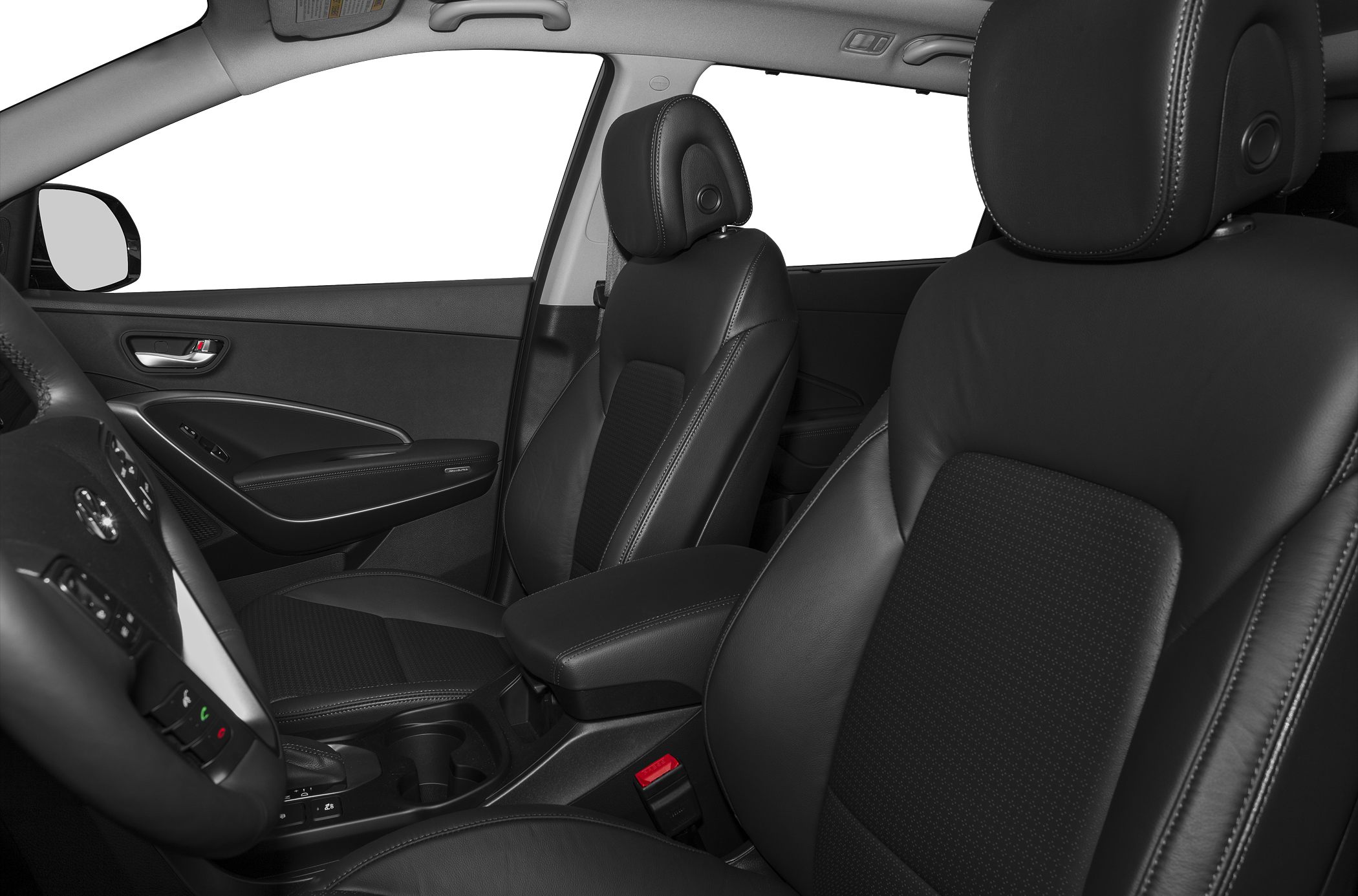 Black leather front seats with ergonomic armrest in a vehicle interior