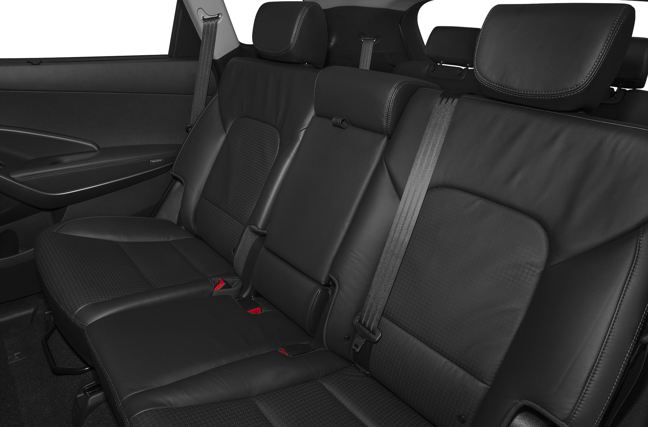 Black leather rear seats with stitching and seat belts