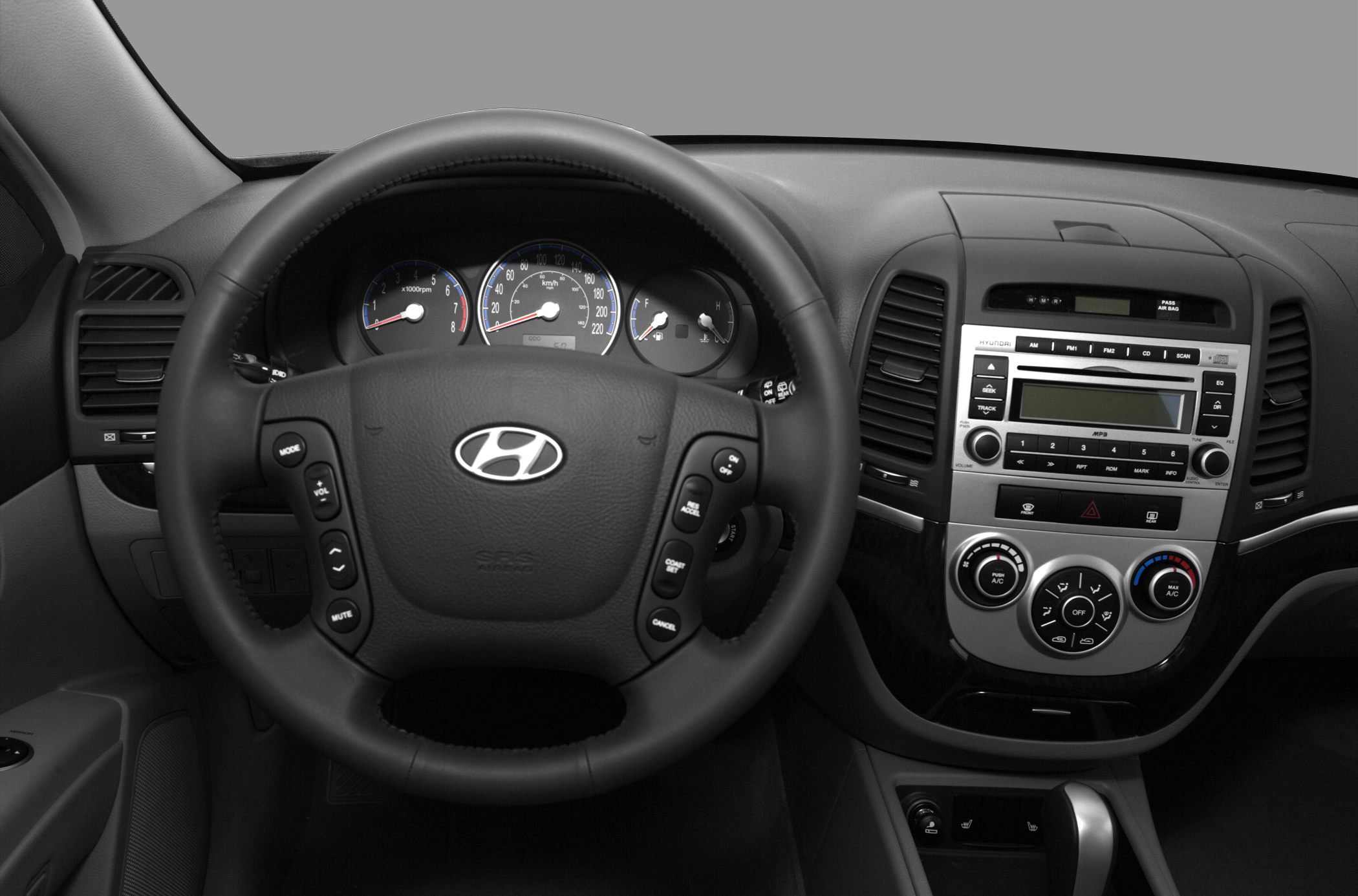 Steering wheel, instrument cluster, and control panel of SUV interior
