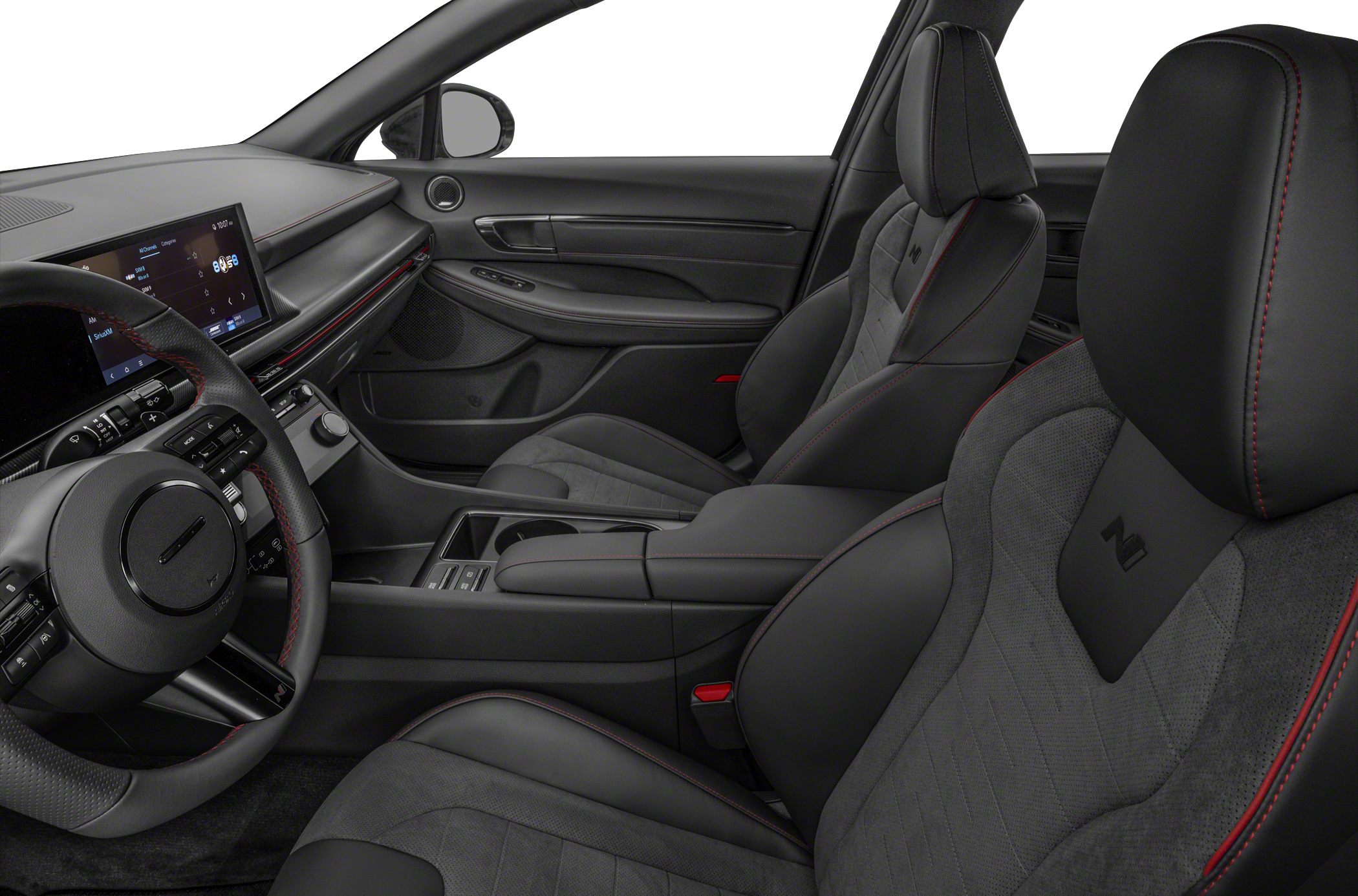 Sporty front seats with red stitching and modern dashboard