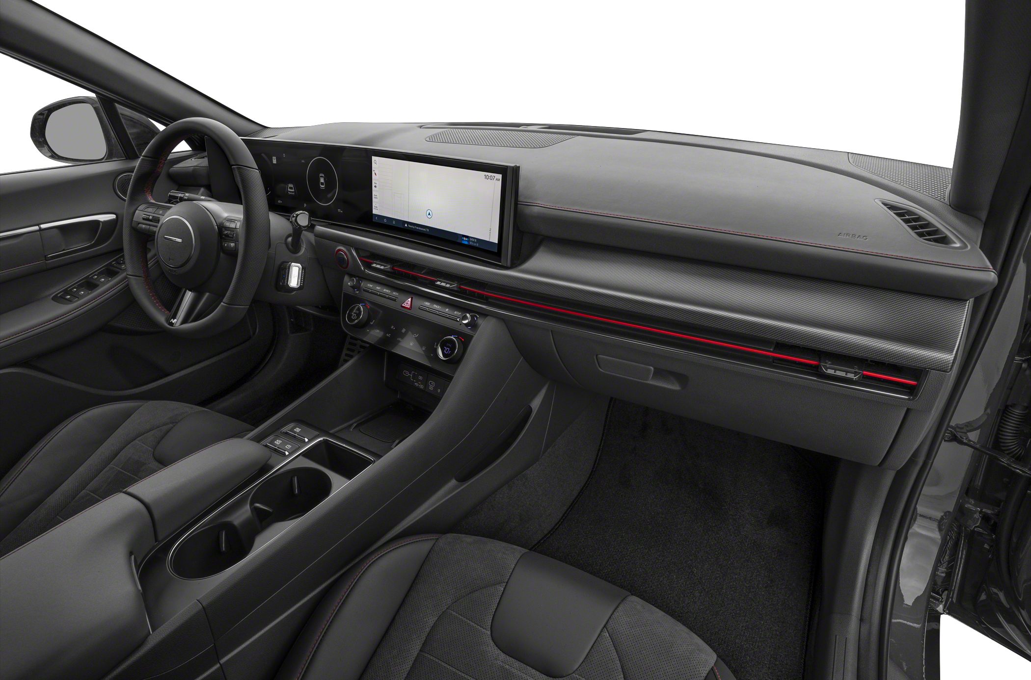 Digital instrument cluster and touchscreen infotainment with ambient red lighting
