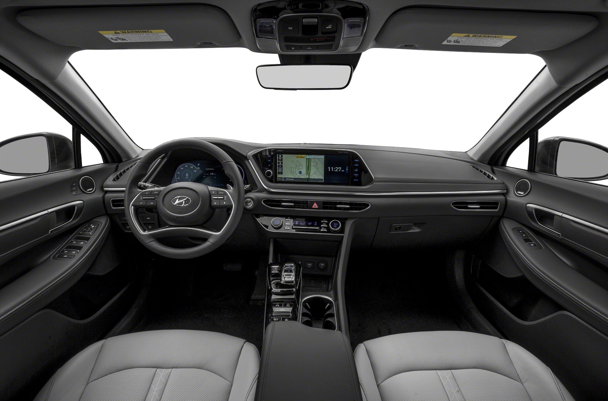 Modern car interior with digital dashboard and touchscreen navigation