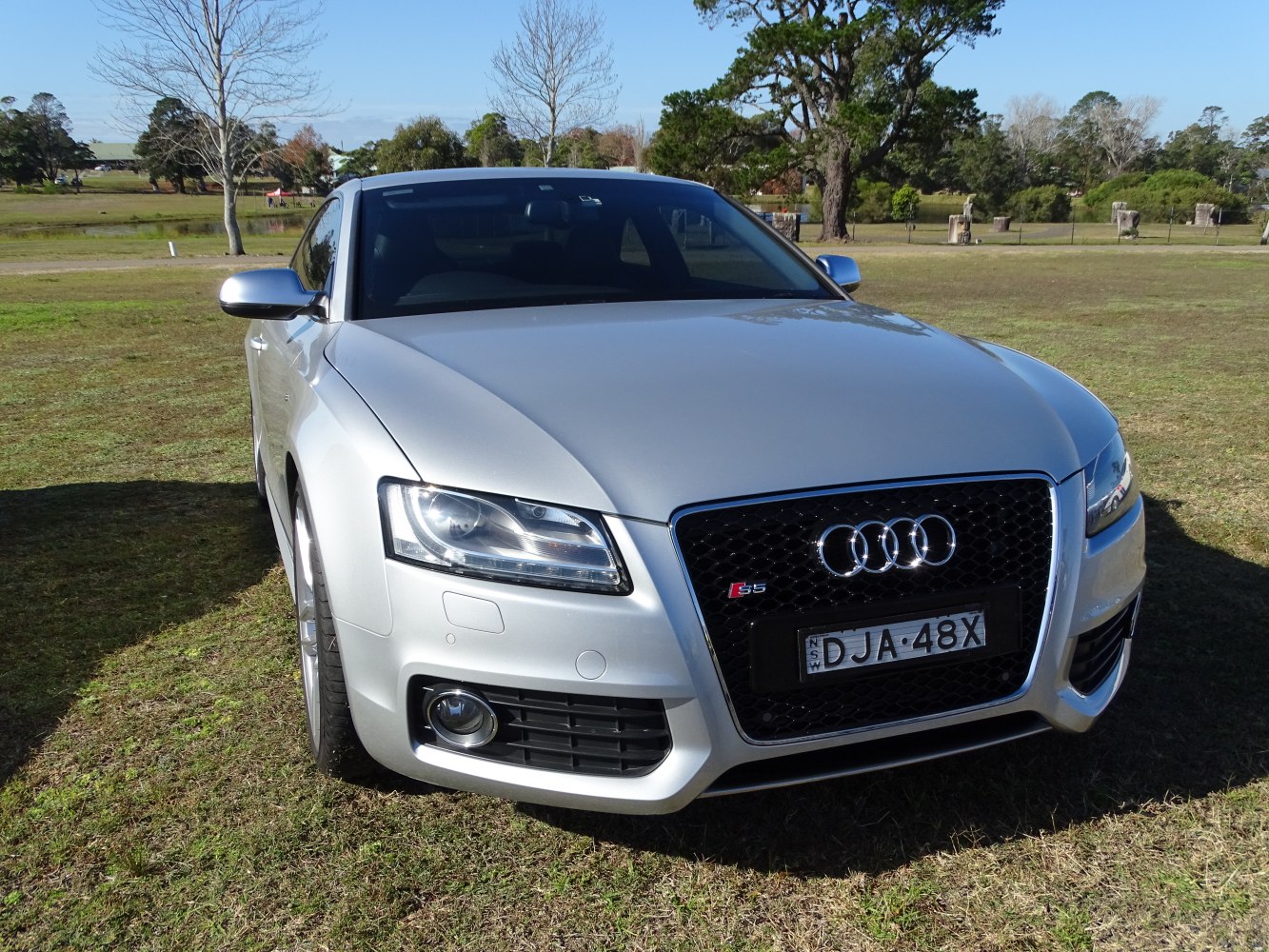 Close-up on Audi S5 Coupe front grille and headlights