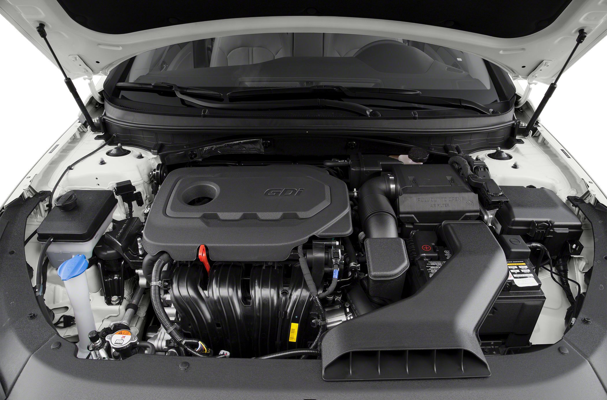 GDi engine layout with intake system and battery under hood