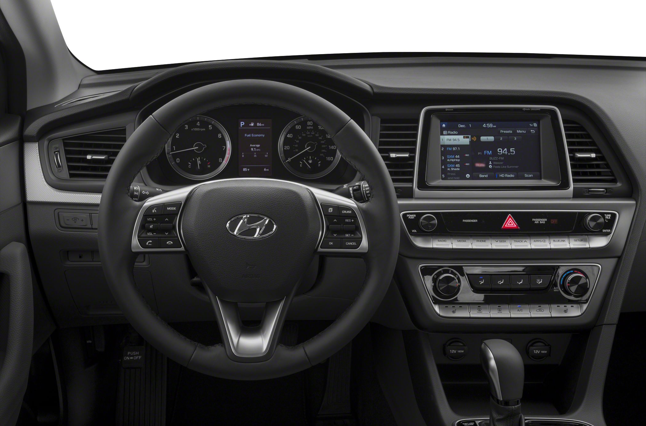 Steering wheel and dashboard with digital displays and infotainment system