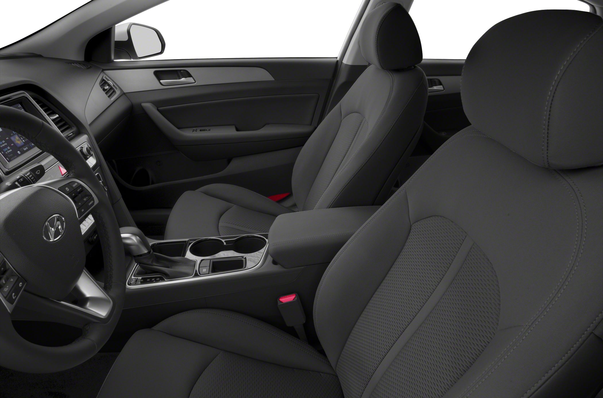 Modern front seats and center console with gear shift and cup holders