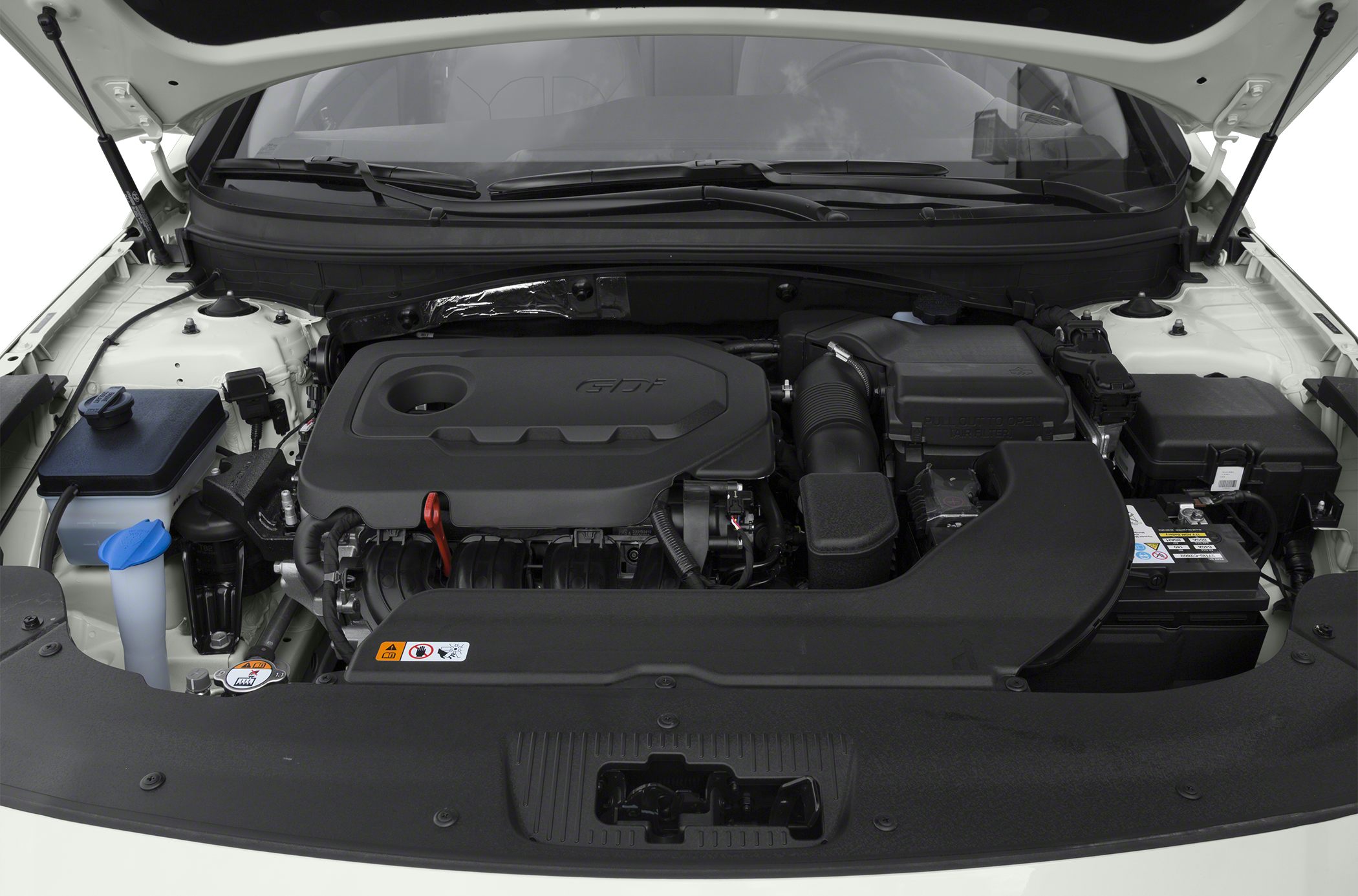 Engine bay with GDI engine cover and intake components