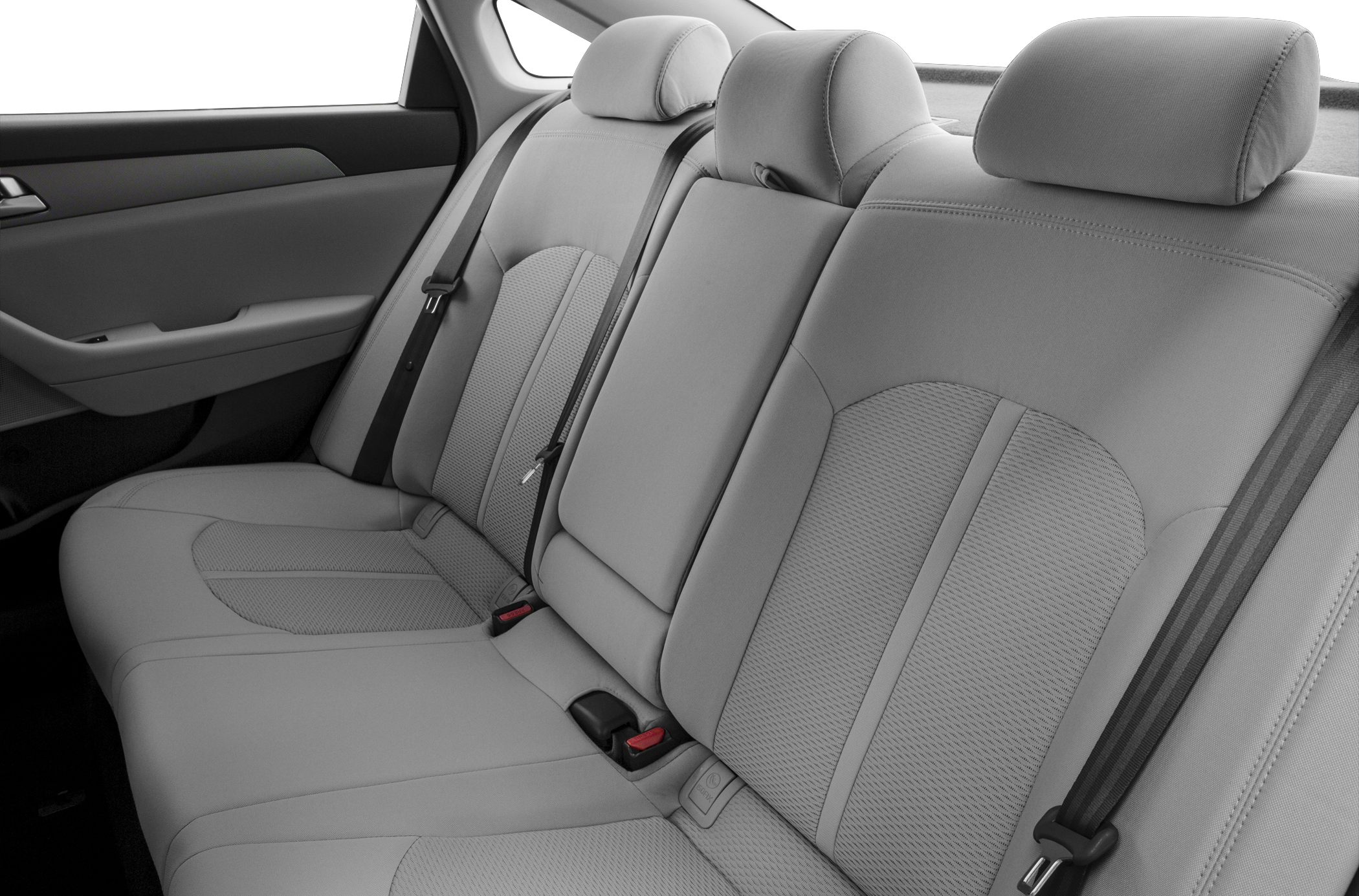 Rear seat fabric upholstery with adjustable headrests and seatbelt.