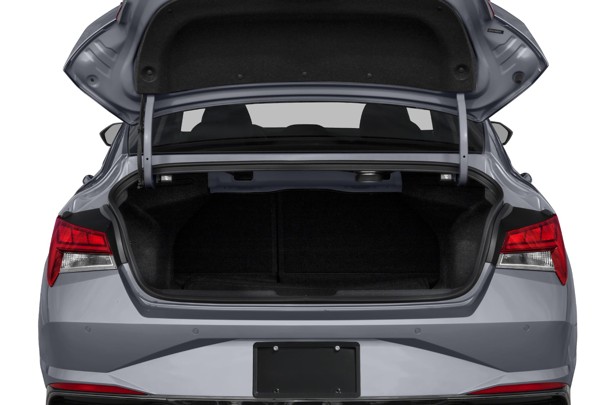 Spacious rear trunk interior with open trunk lid