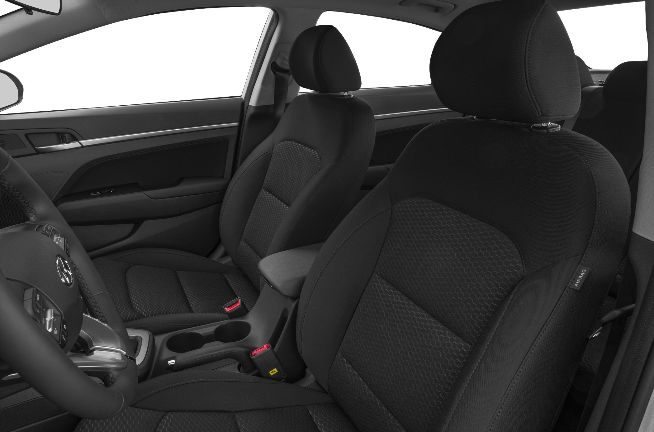 Front seats with black fabric upholstery and ergonomic design