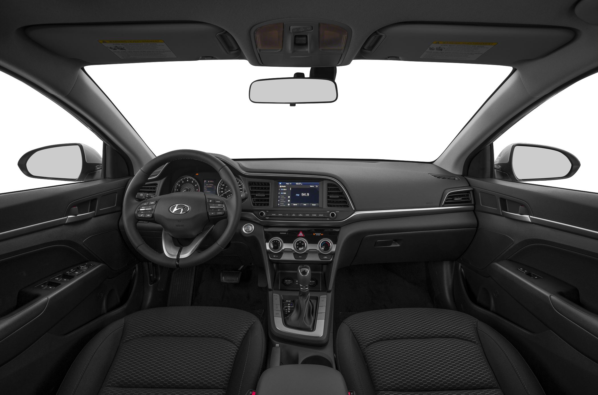Interior view with dashboard, steering wheel, and center console