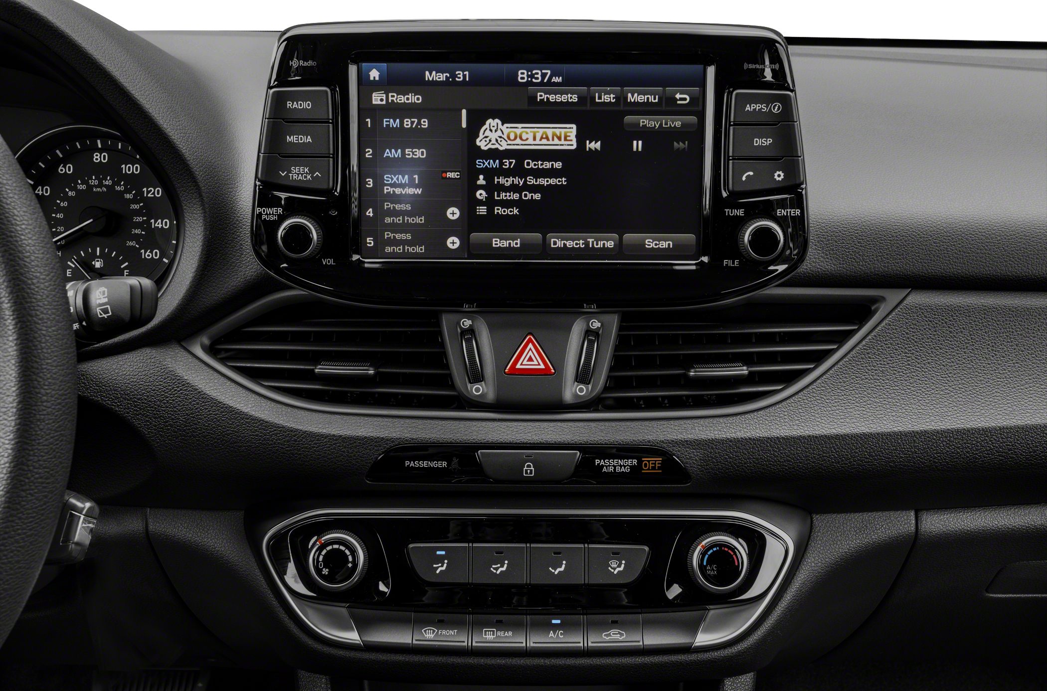 Infotainment display and climate control panel with dashboard vents and buttons