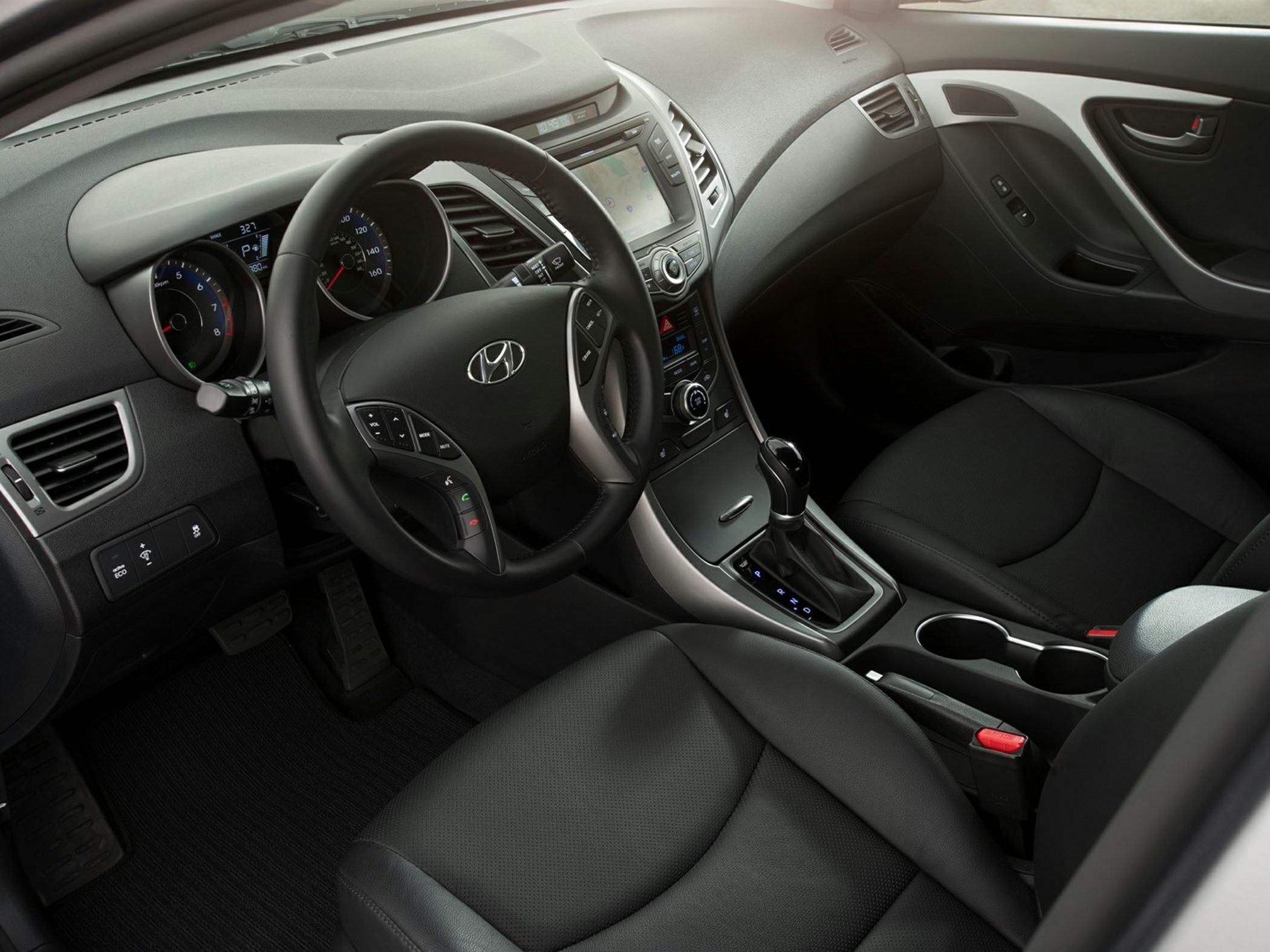 Car interior dashboard, steering wheel, and center console