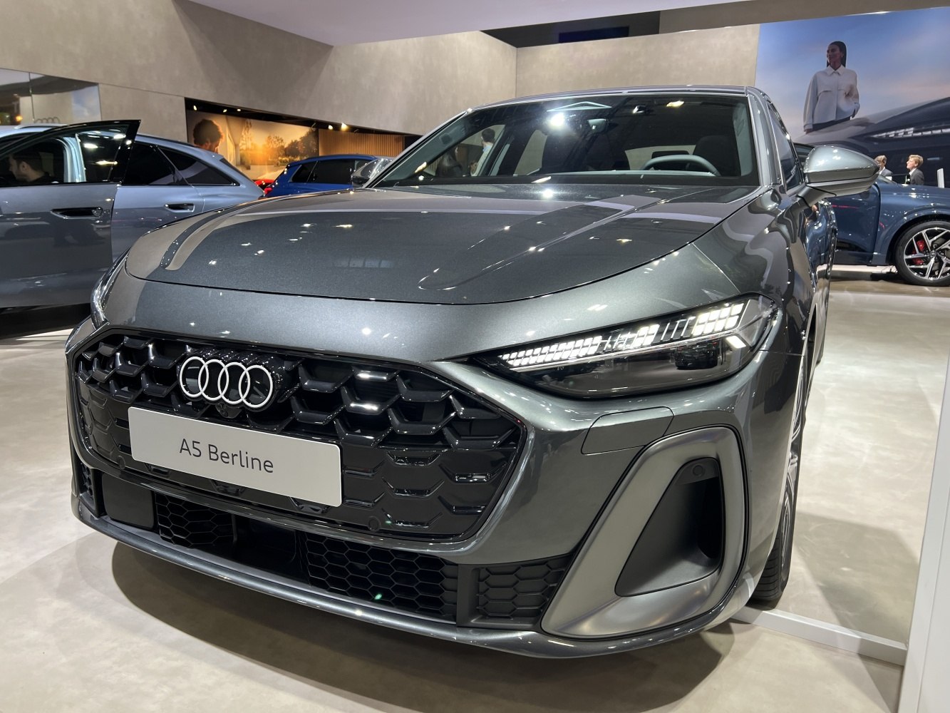 Front view with LED headlights and honeycomb grille