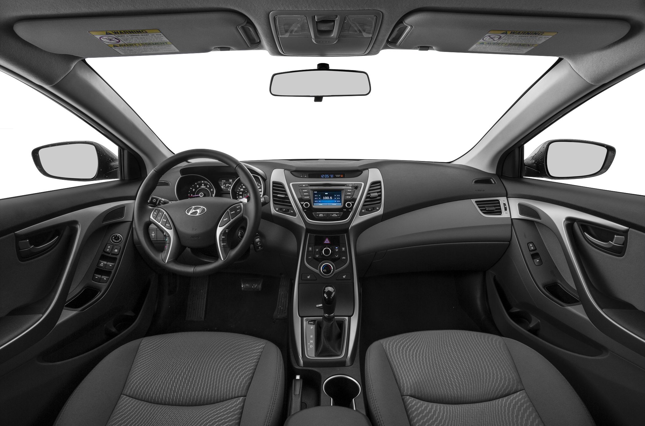 Modern car interior with multifunction steering wheel and central console controls