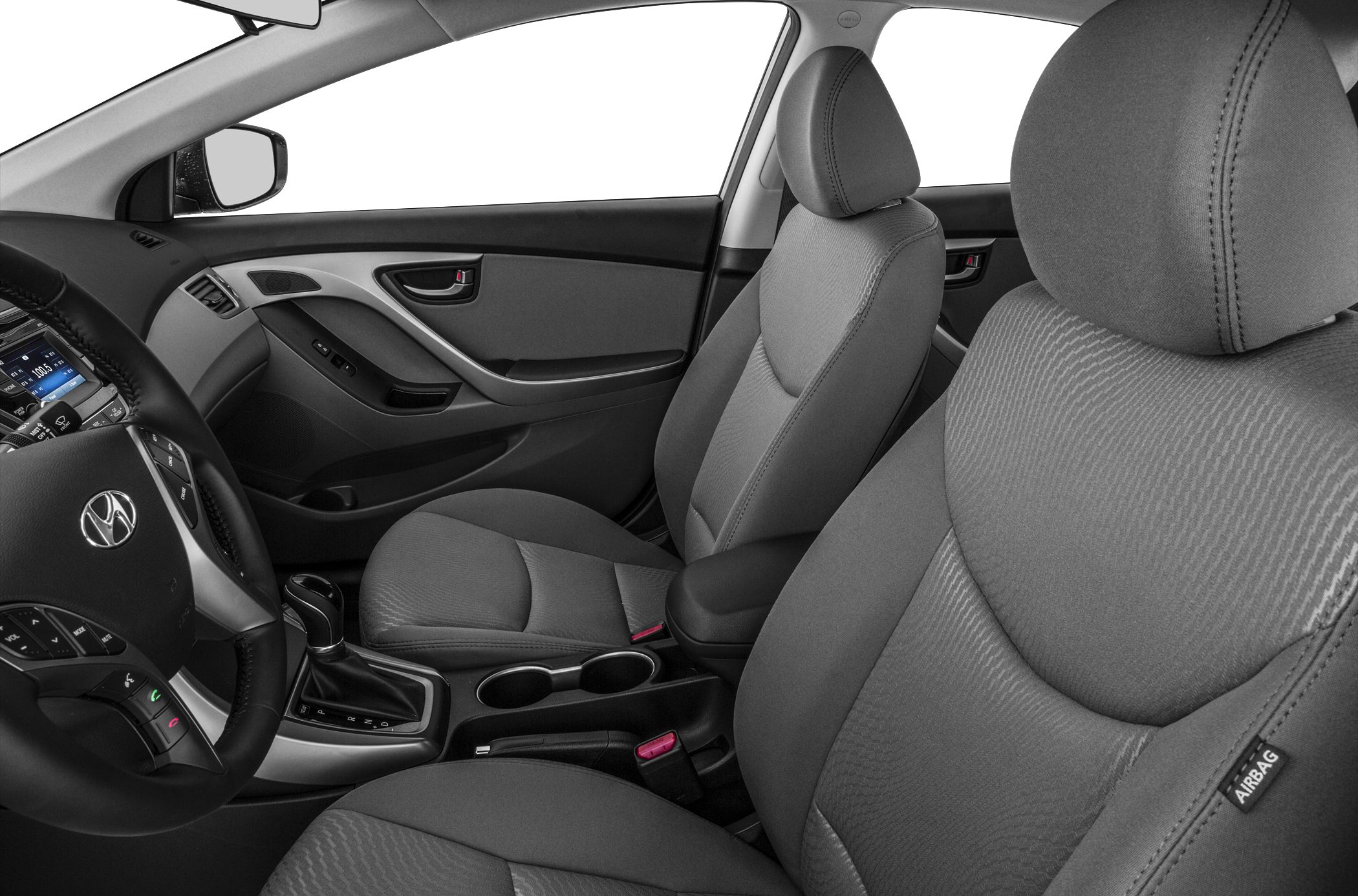 Front car interior with fabric seats and dashboard controls