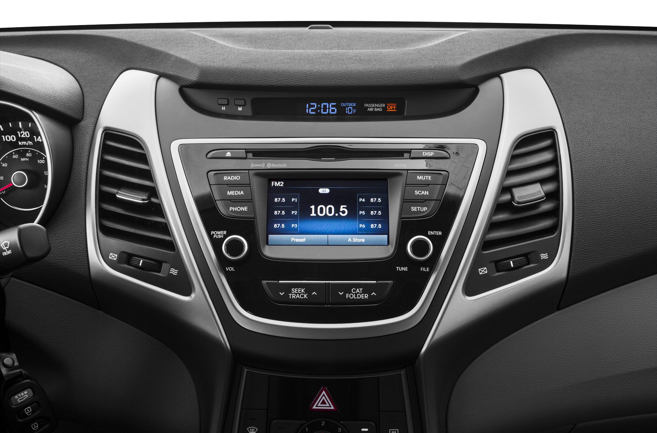 Car dashboard center console with radio and air vents