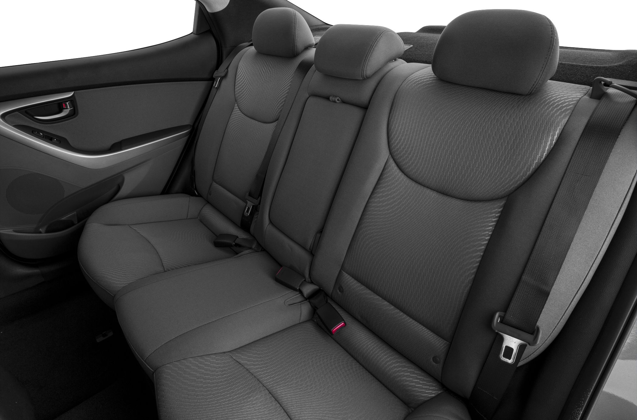 Rear seat interior with patterned upholstery and headrests