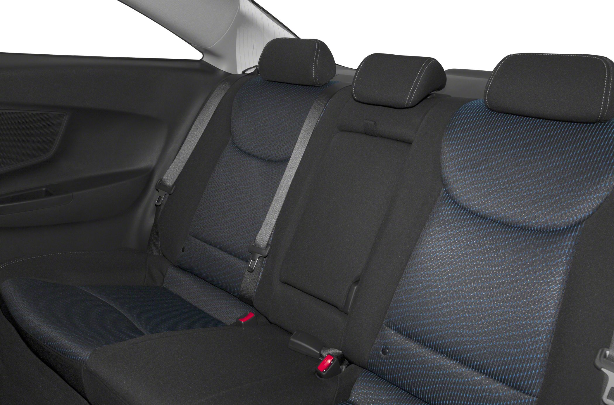 Rear fabric seats with headrests and seat belts in a coupe interior