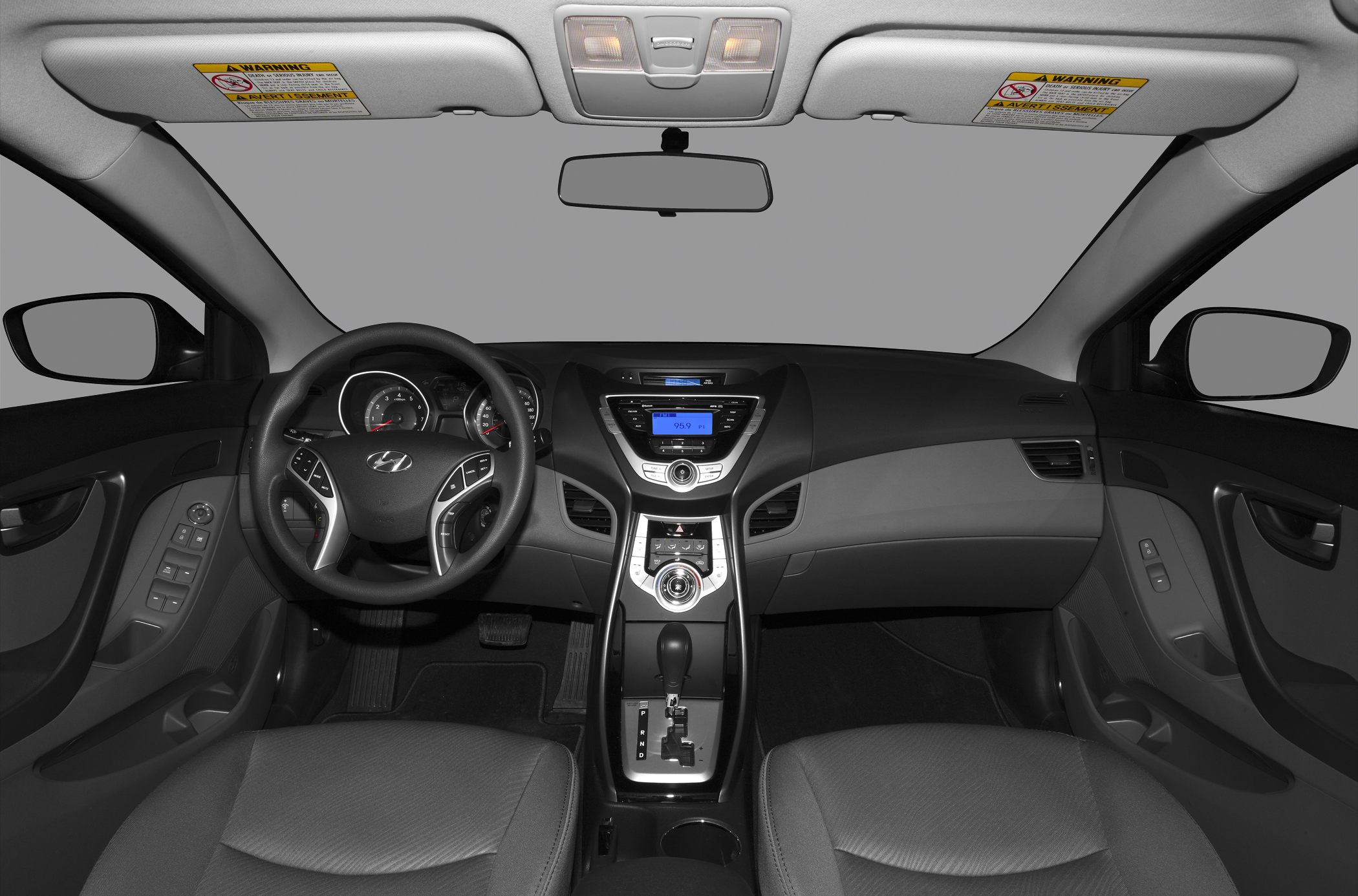 Car interior with central console and multifunction steering wheel