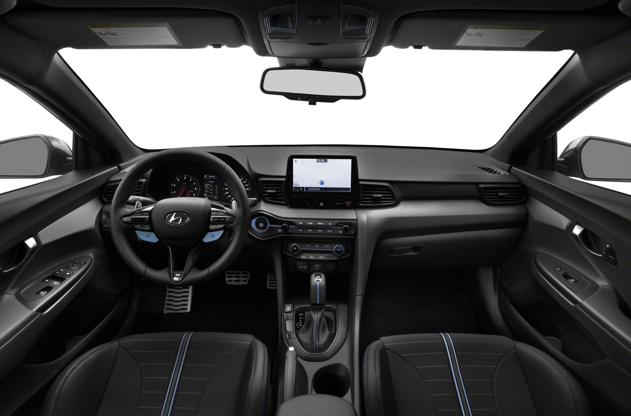 Car interior with dashboard, steering wheel, and infotainment screen