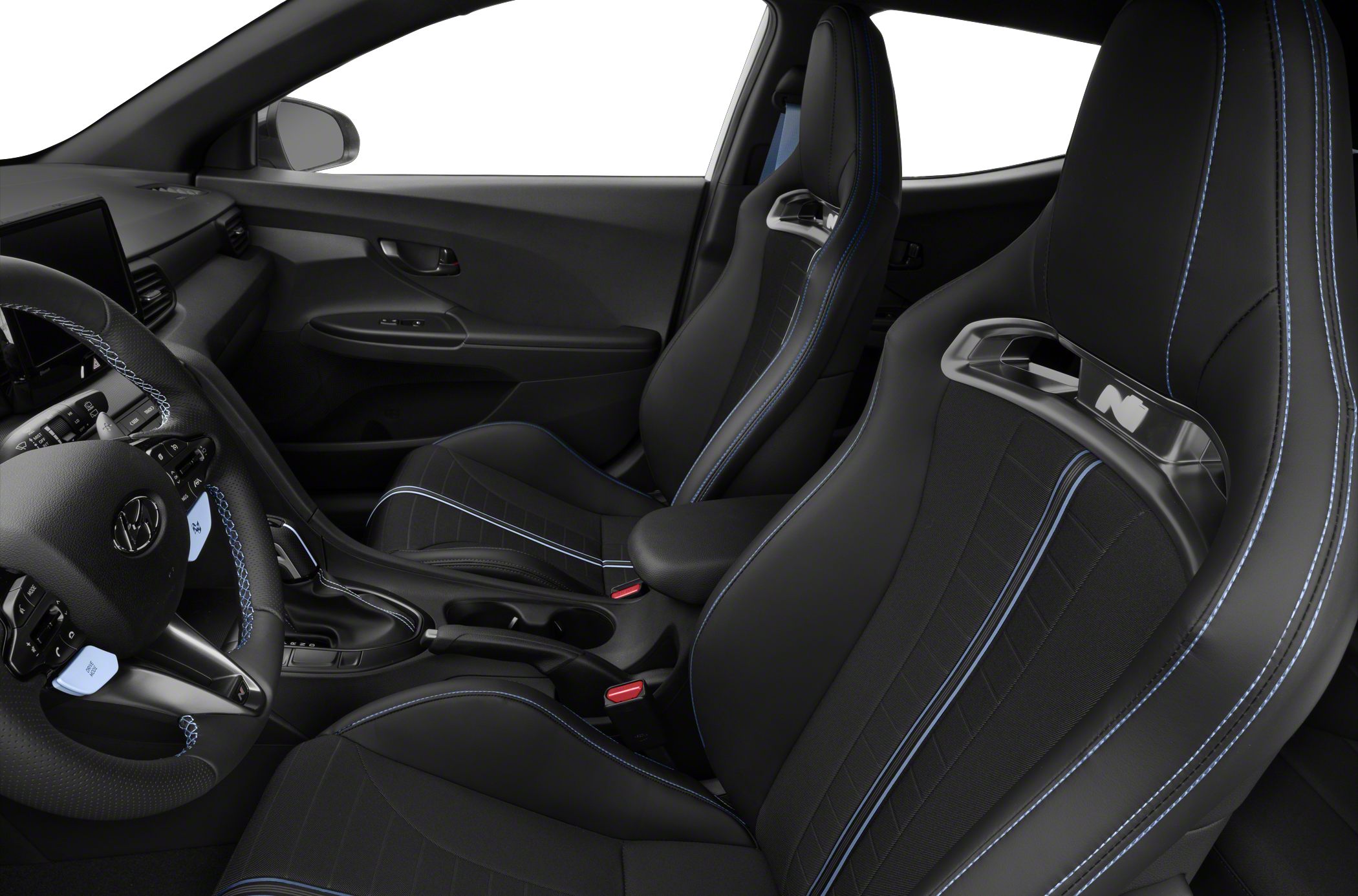 Sporty bucket seats with blue stitching and performance steering wheel