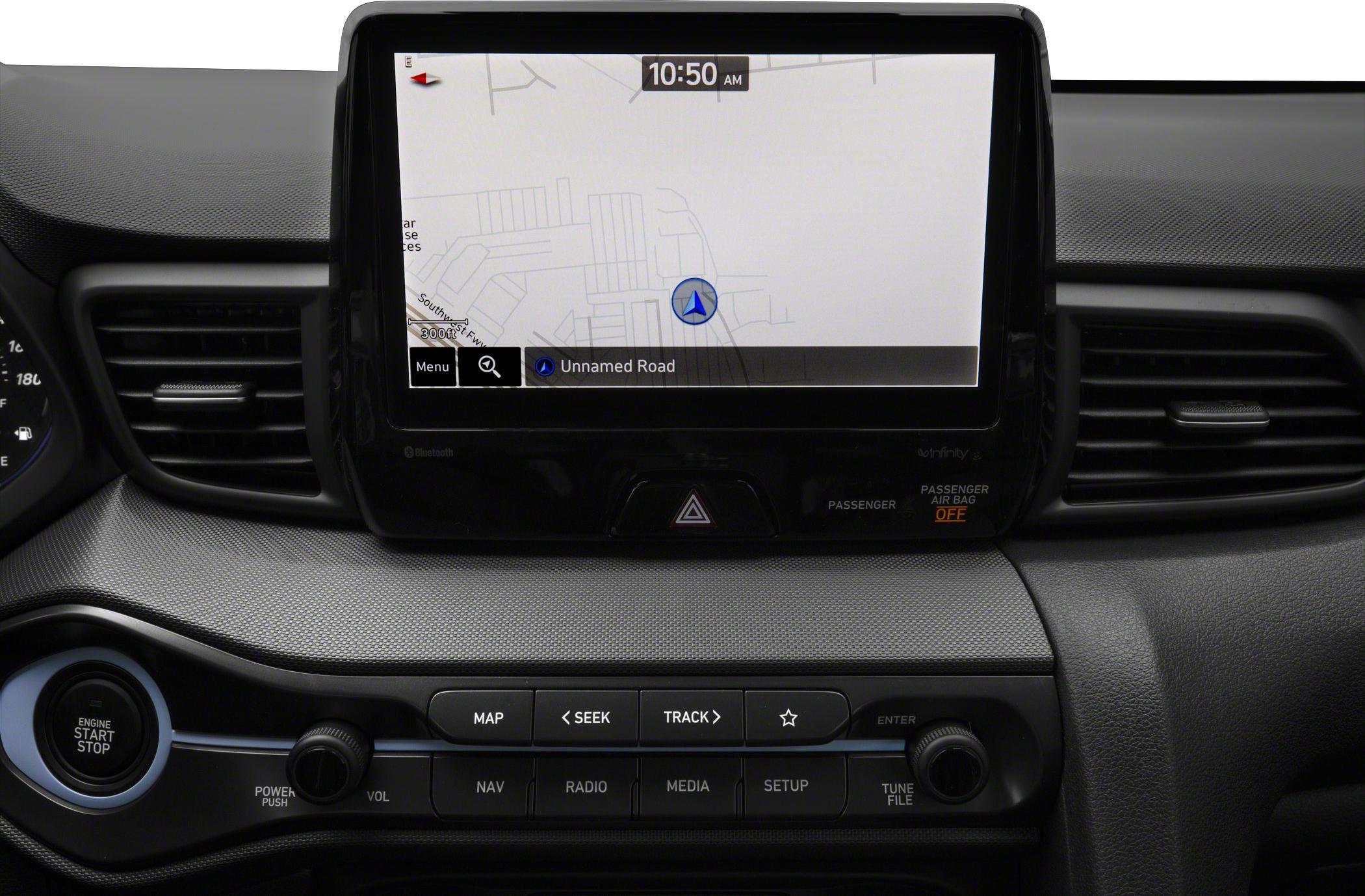 Infotainment touchscreen with navigation and media control buttons
