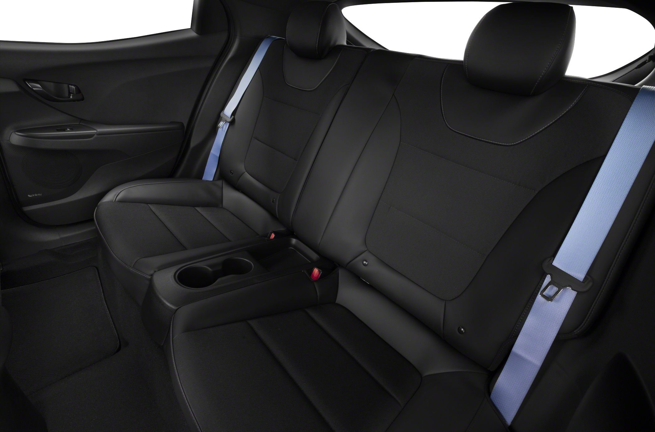 Rear black leather seats with blue seatbelts and center cupholder