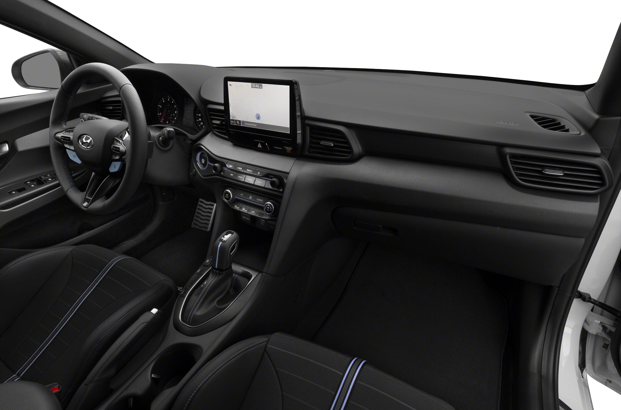 Modern car interior with digital infotainment display and sporty dashboard