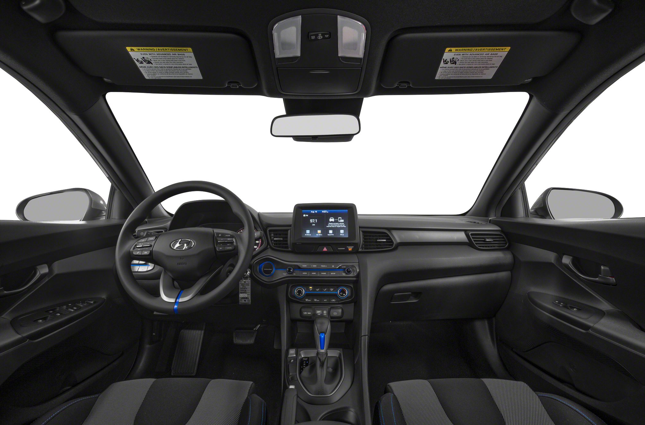 Modern car interior with touchscreen and multifunction steering wheel