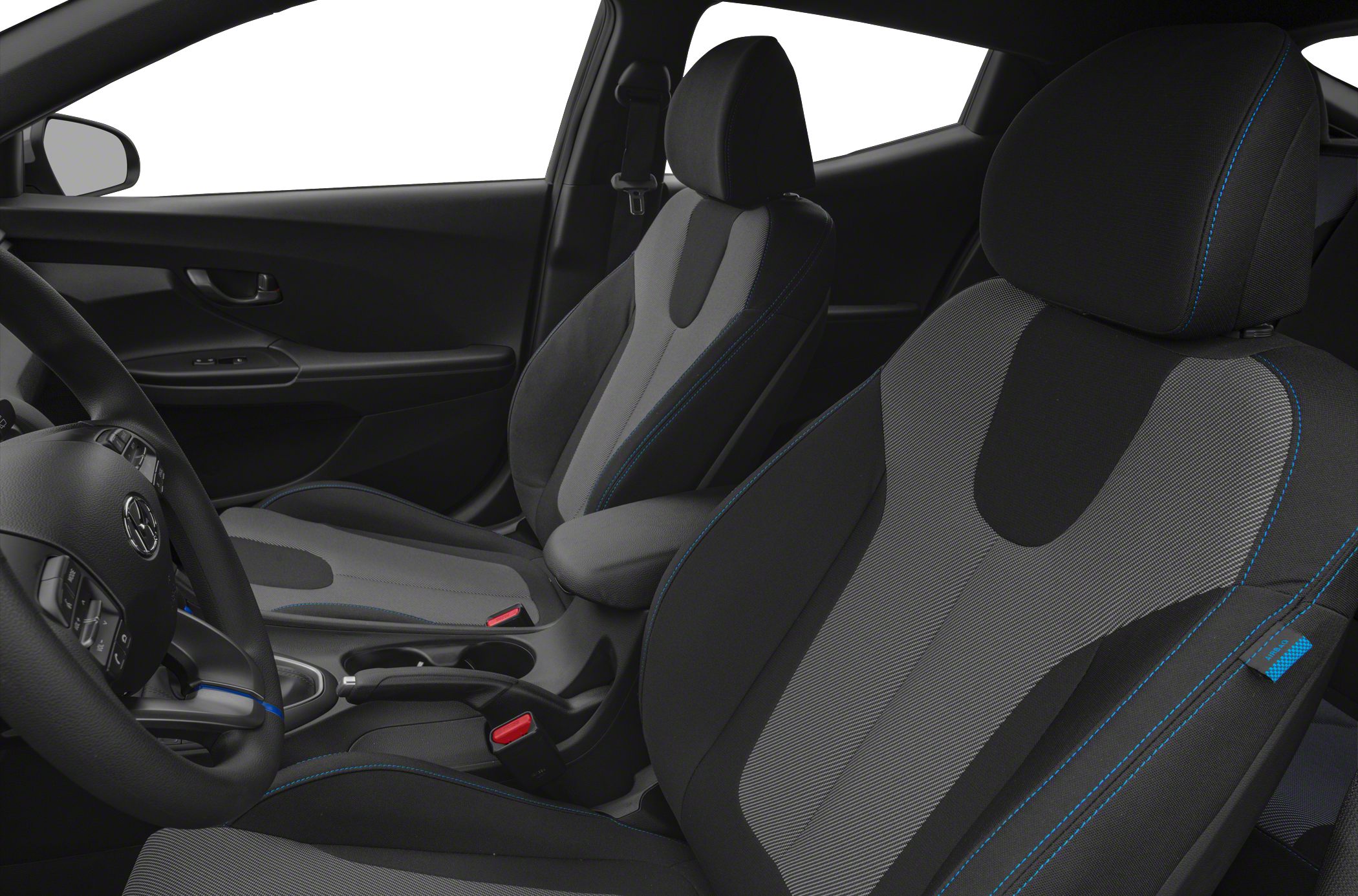 Front fabric seats and door panel with blue stitching