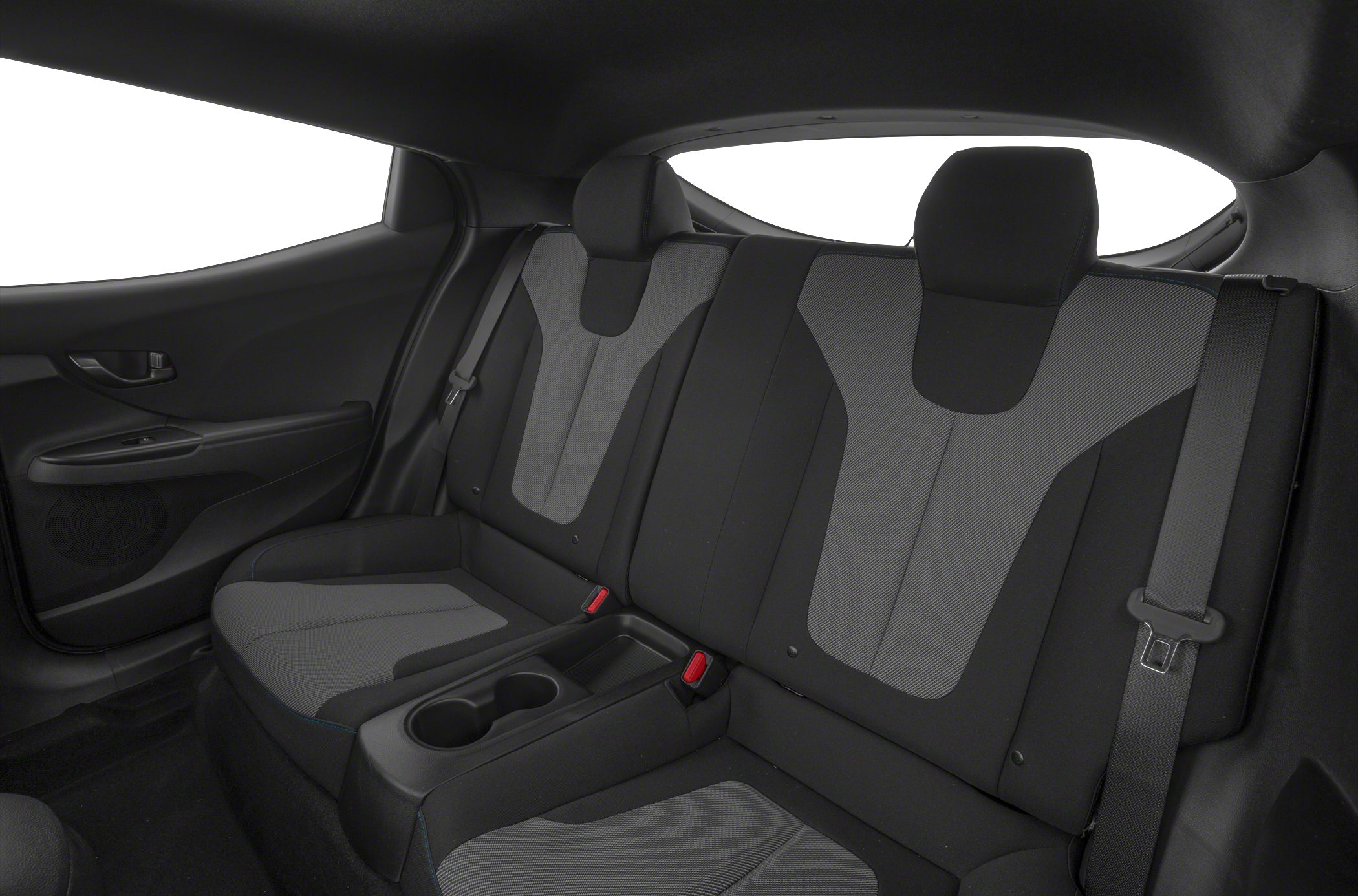 Rear seat with two-tone upholstery and center armrest holding cup holders