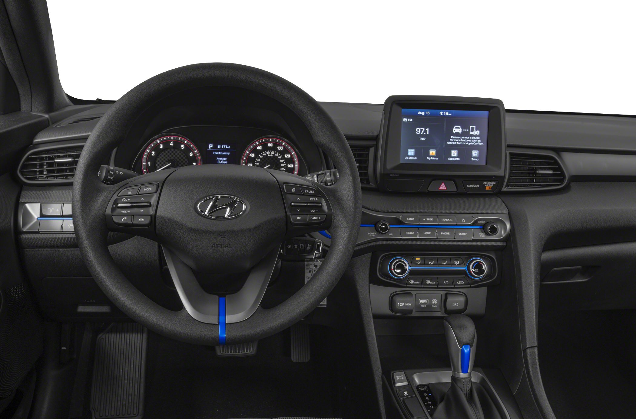 Modern digital dashboard and multifunction steering wheel with infotainment screen