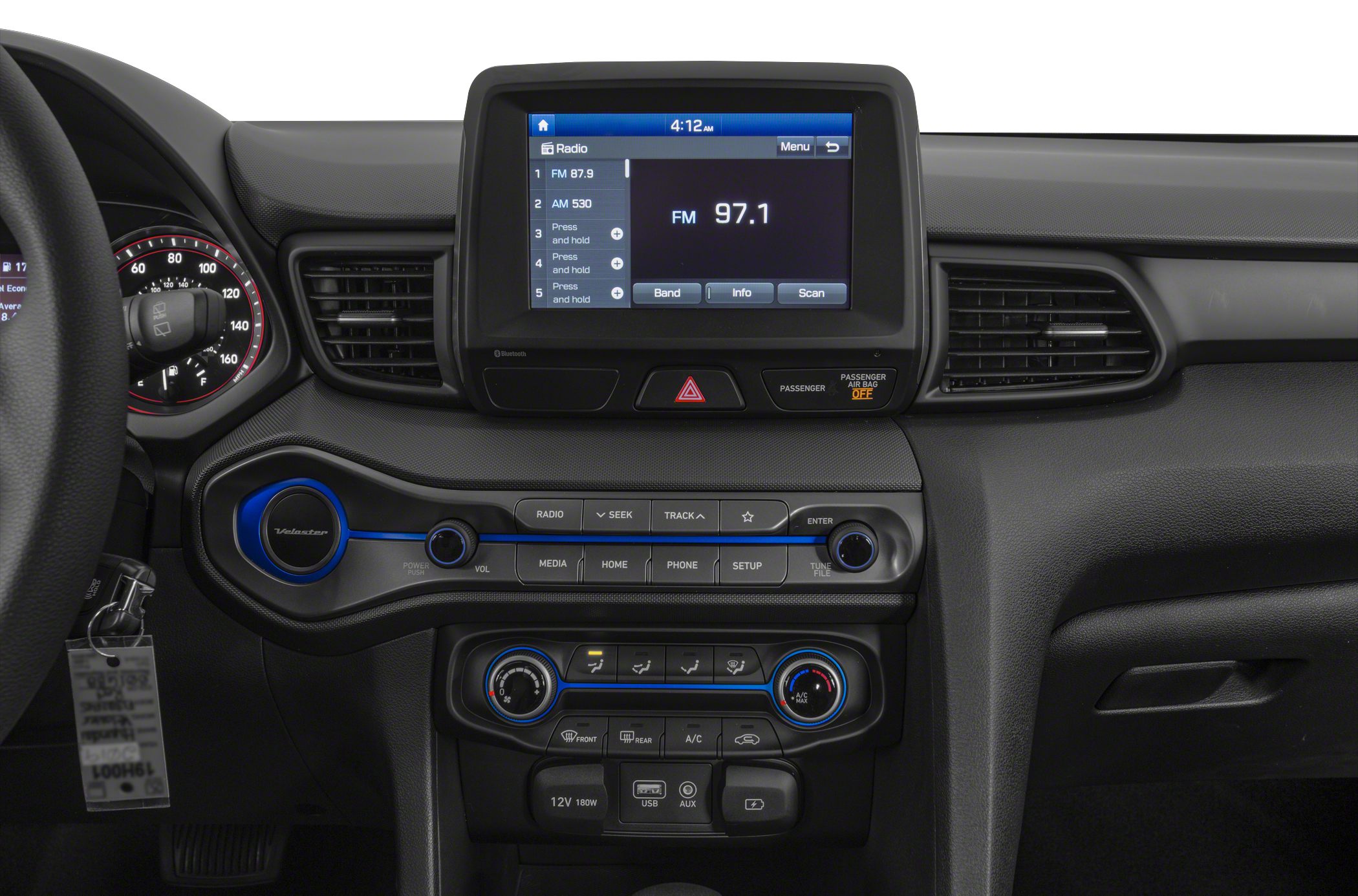 Central touchscreen and dashboard controls with climate settings
