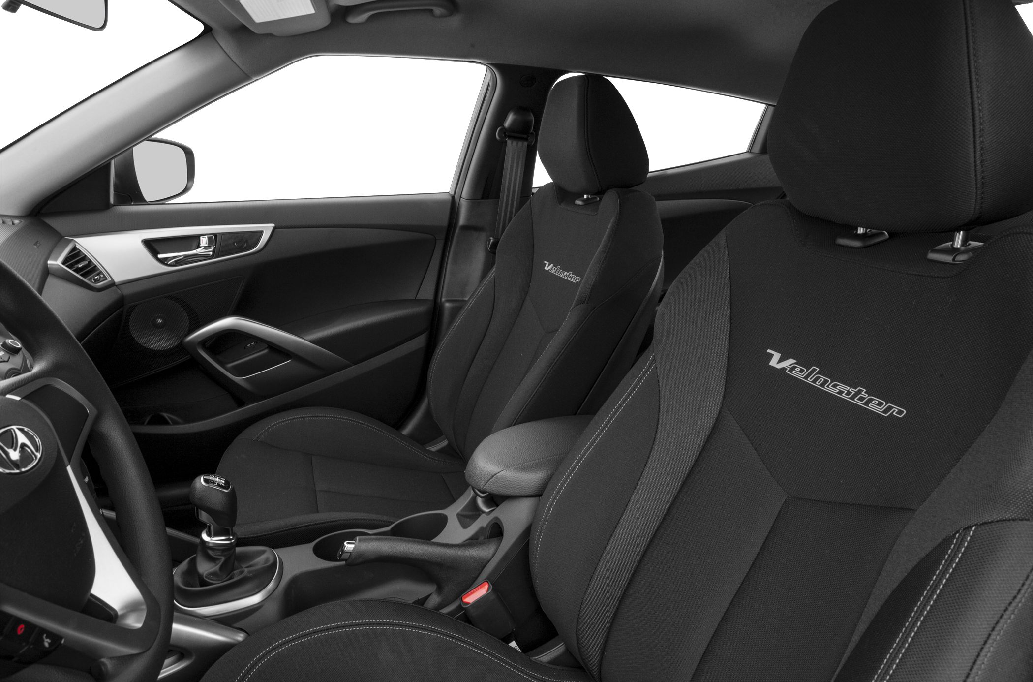 Sporty front seats with Veloster logo and manual gear shift interior