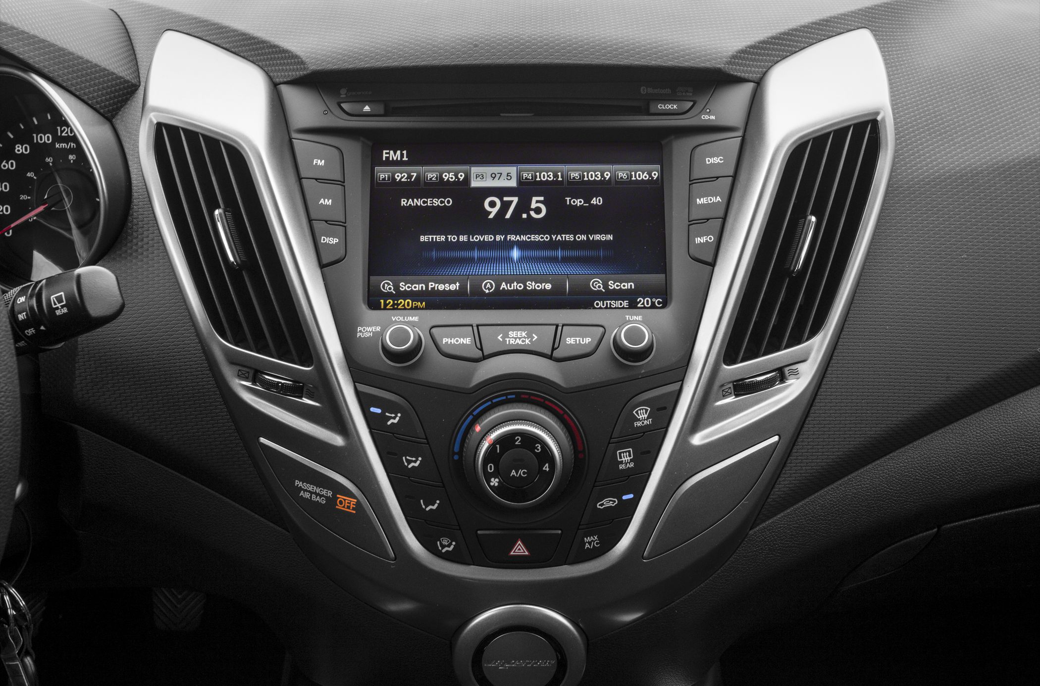 Car dashboard with infotainment screen and climate control buttons