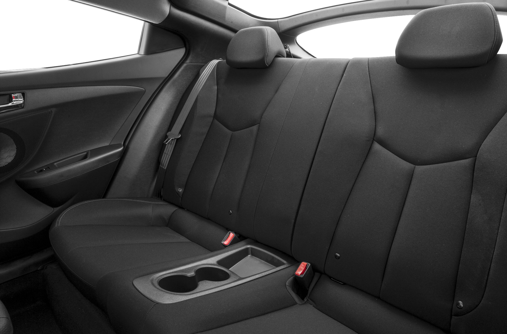 Rear seat with fabric upholstery and center console cup holders