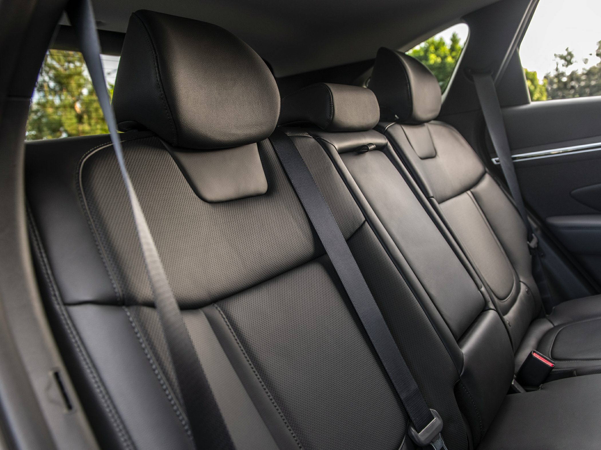 Black leather rear seats with headrests and seatbelts